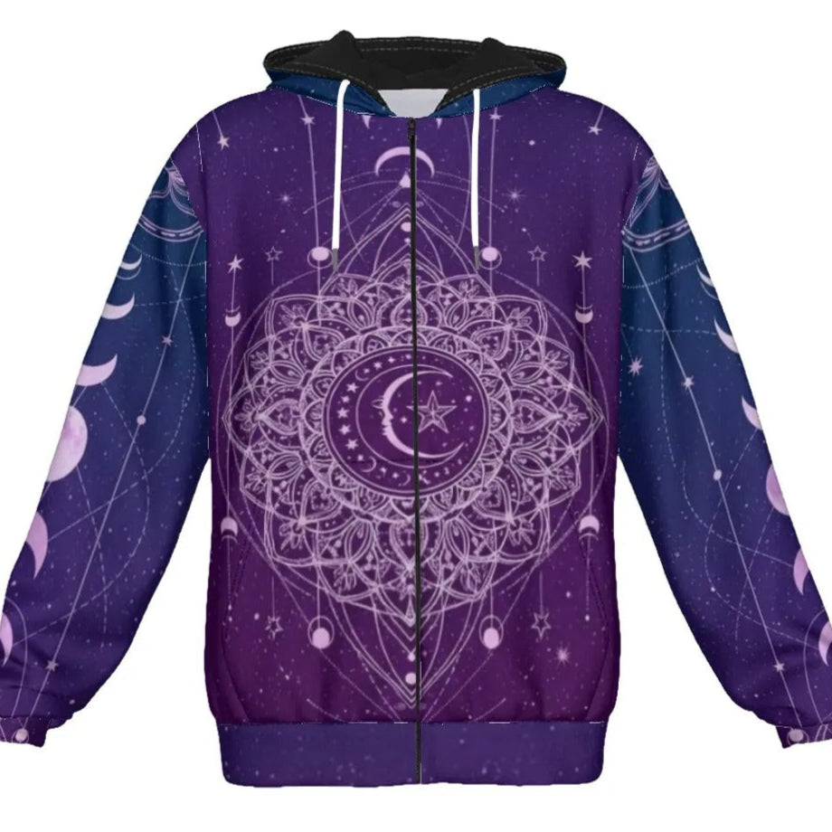 Mystic Lunar Mandala Zip Hoodie, Moon Phase Spiritual Jacket, Celestial Lotus Hooded Sweatshirt, Sacred Geometry Cosmic Zip-Up, Boho Mystic Style