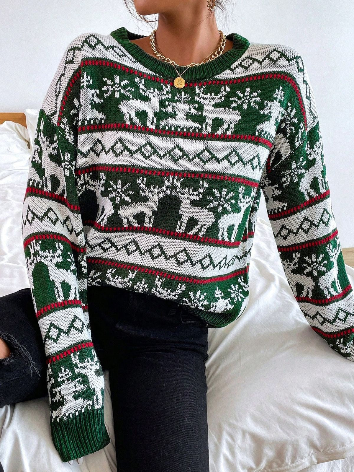 Ugly Christmas Sweater Women, Green Reindeer Knit Pullover, Festive Xmas Jumper, Holiday Party Christmas Outfit