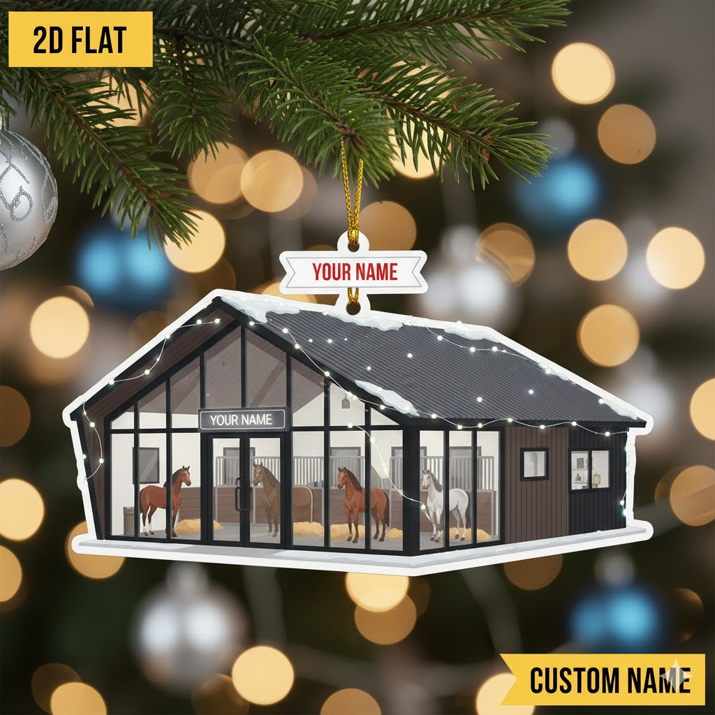 Personalized Horse Stable Ornament, Custom Name Flat 2D Christmas Decoration, Gift for Horse Lovers & Riders