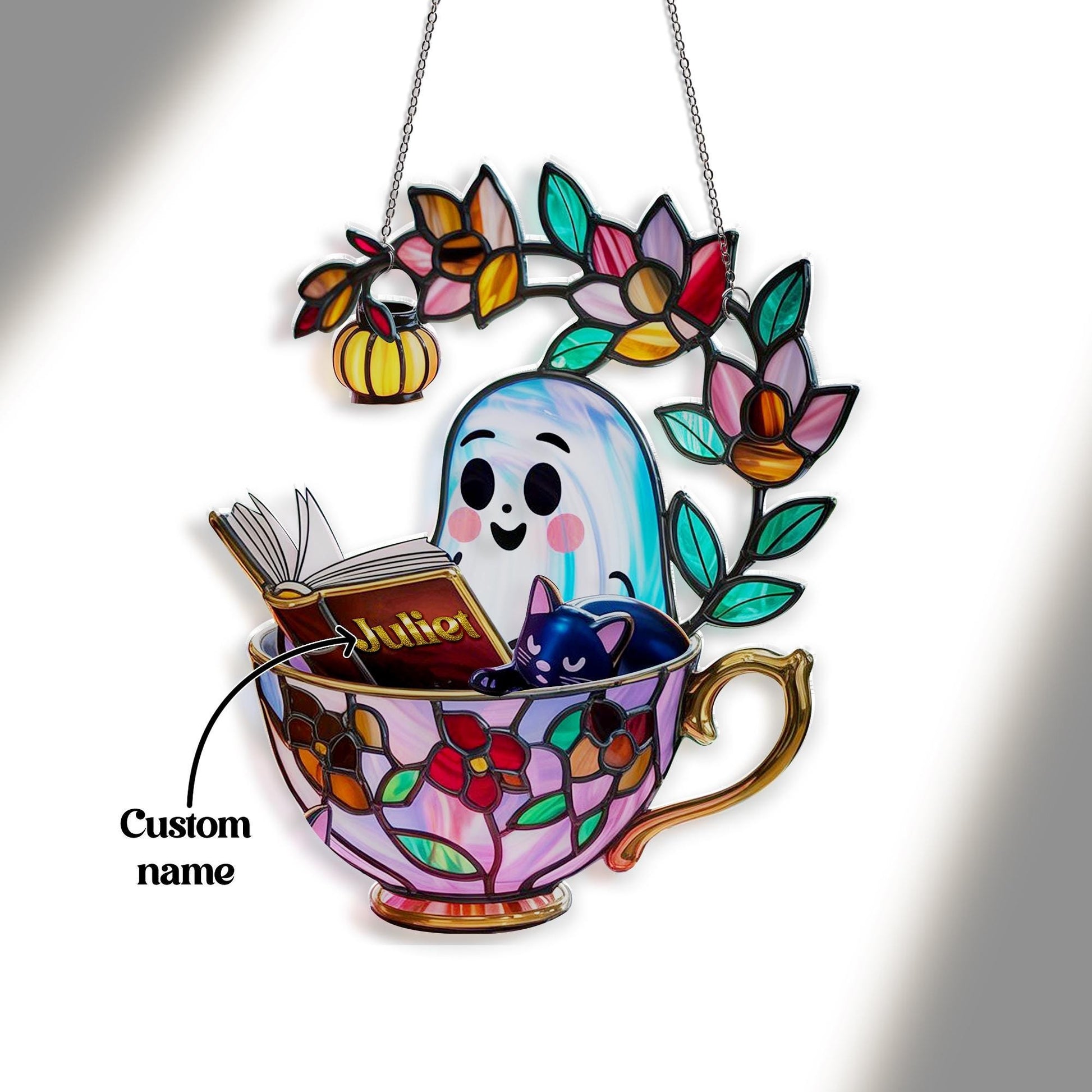 Personalized Ghost Reading Book Stained Glass Suncatcher, Reading Ghost in Teacup Faux Stained Glass Suncatcher,Reading Gift,Book Lover Gift