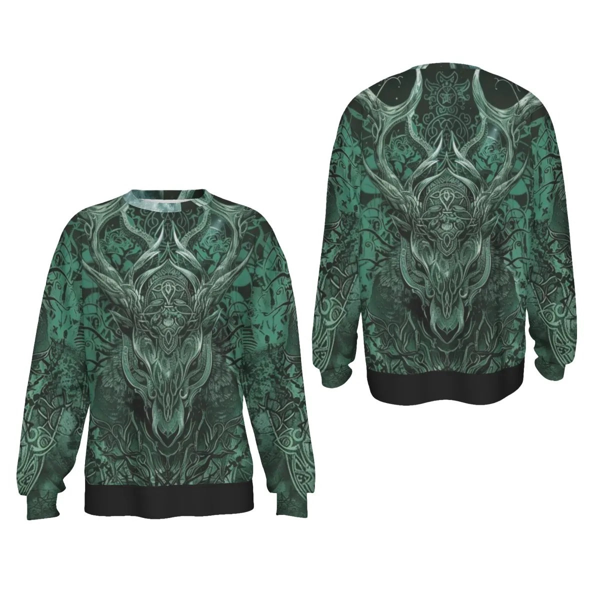 Viking Sweatshirt with Antler Design For Men – Norse Mythology Inspired Crewneck, Tribal Graphic Winter Wear, Medieval Fantasy Clothing