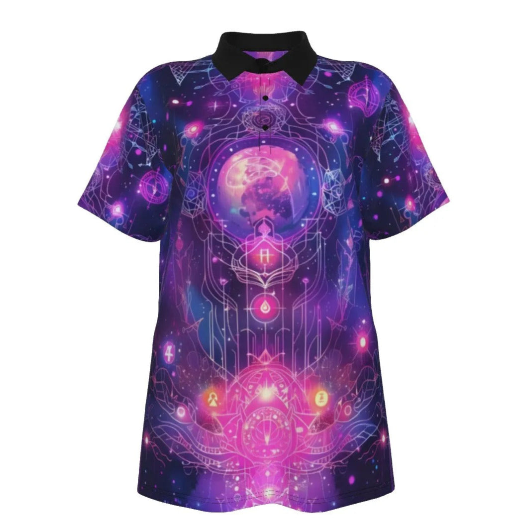 Women’s Cosmic Mandala Polo Shirt, Spiritual Galaxy Pattern with Sacred Geometry, Mystical Energy Symbols & Planet Art