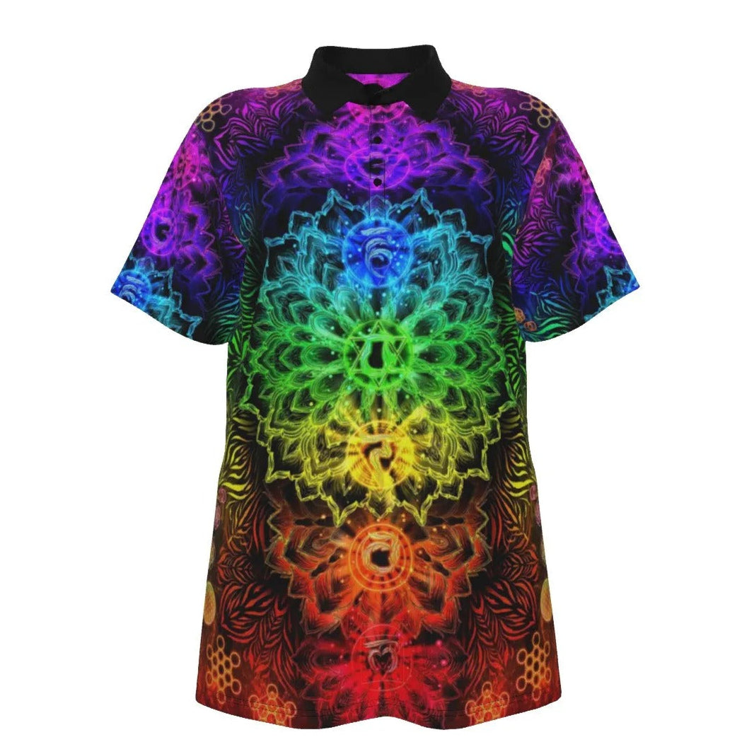 Women’s Sacred Chakras Polo Shirt, Rainbow Energy Design with Spiritual Symbols for Healing, Yoga & Meditation Style