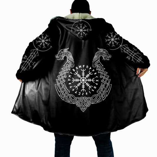 Vegvisir Viking Cloak, Norse Runes Sherpa Hooded Robe, Dragon Knotwork Cape, Nordic Mythology Blanket Hoodie for Men & Women