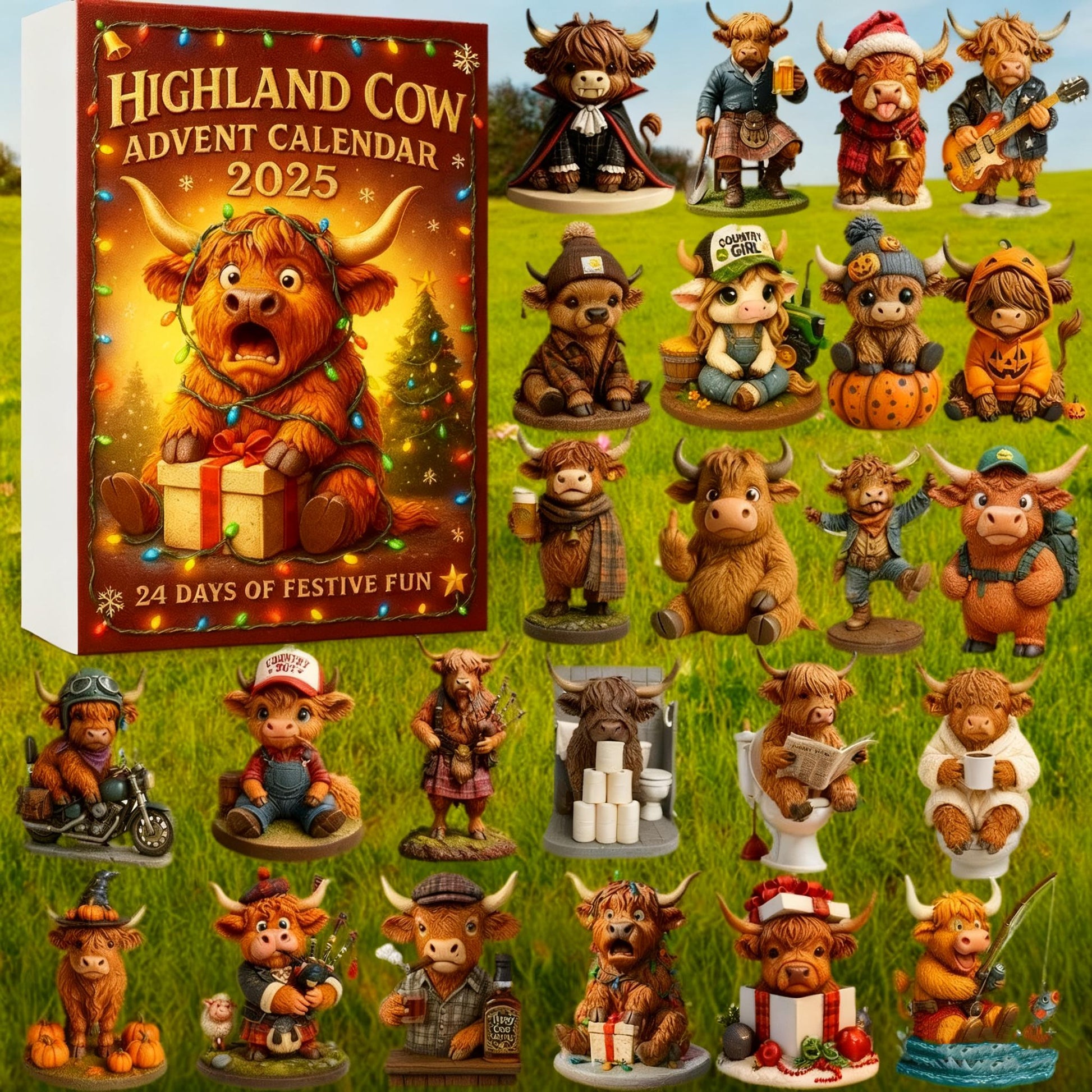 Highland Cow Advent Calendar, Resin Figurine Set,Mini Cow Collectible Toys,Farmhouse Christmas Decor, Unique Cow Lover Gift