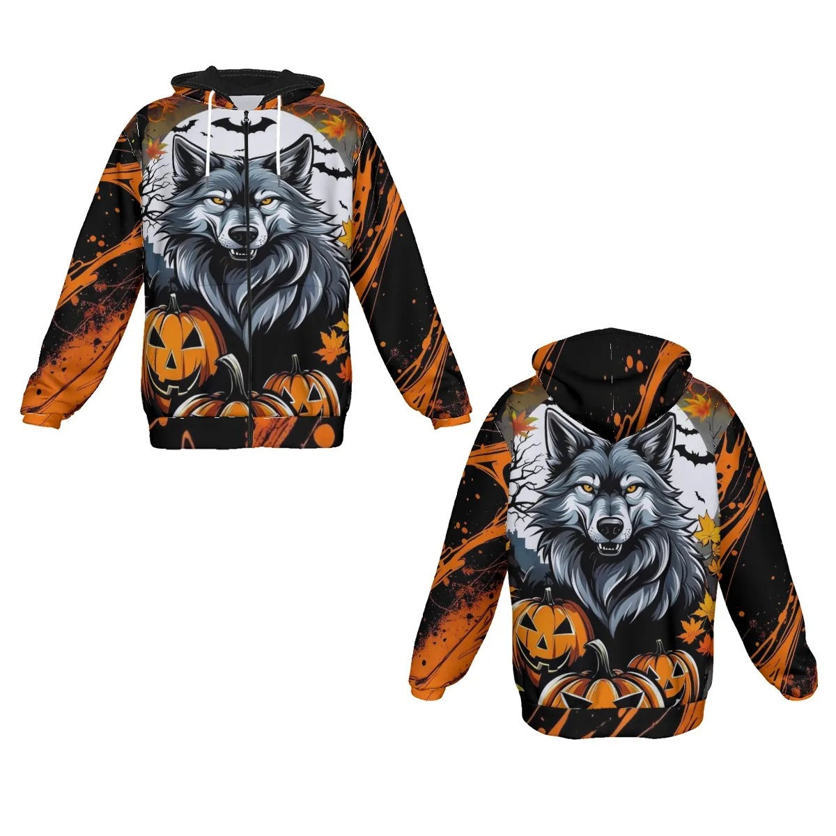Howling Halloween Night Wolf Zip Hoodie, Spooky Pumpkin Bat Jacket, Gothic Halloween Outerwear, Autumn Wolf Fashion