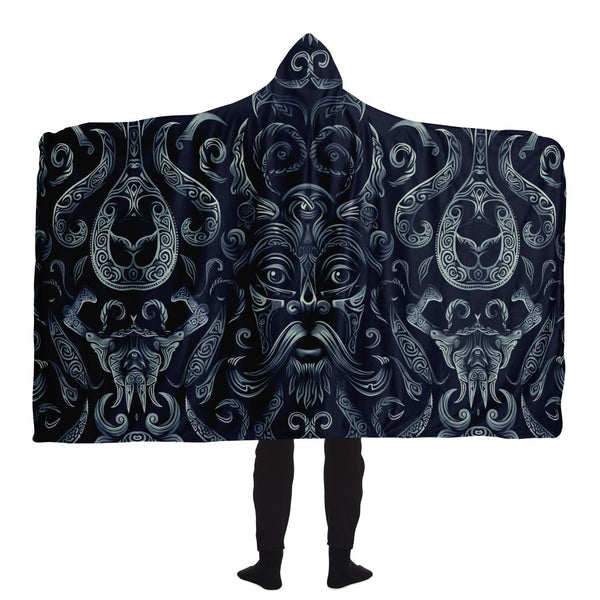 Viking Hooded Blanket with Norse Warrior Face Art, Dark Tribal Sherpa Fleece Throw, Nordic Mythology Cloak Cape for Men Women, Ancient Symbolic Gift. BLKAC38