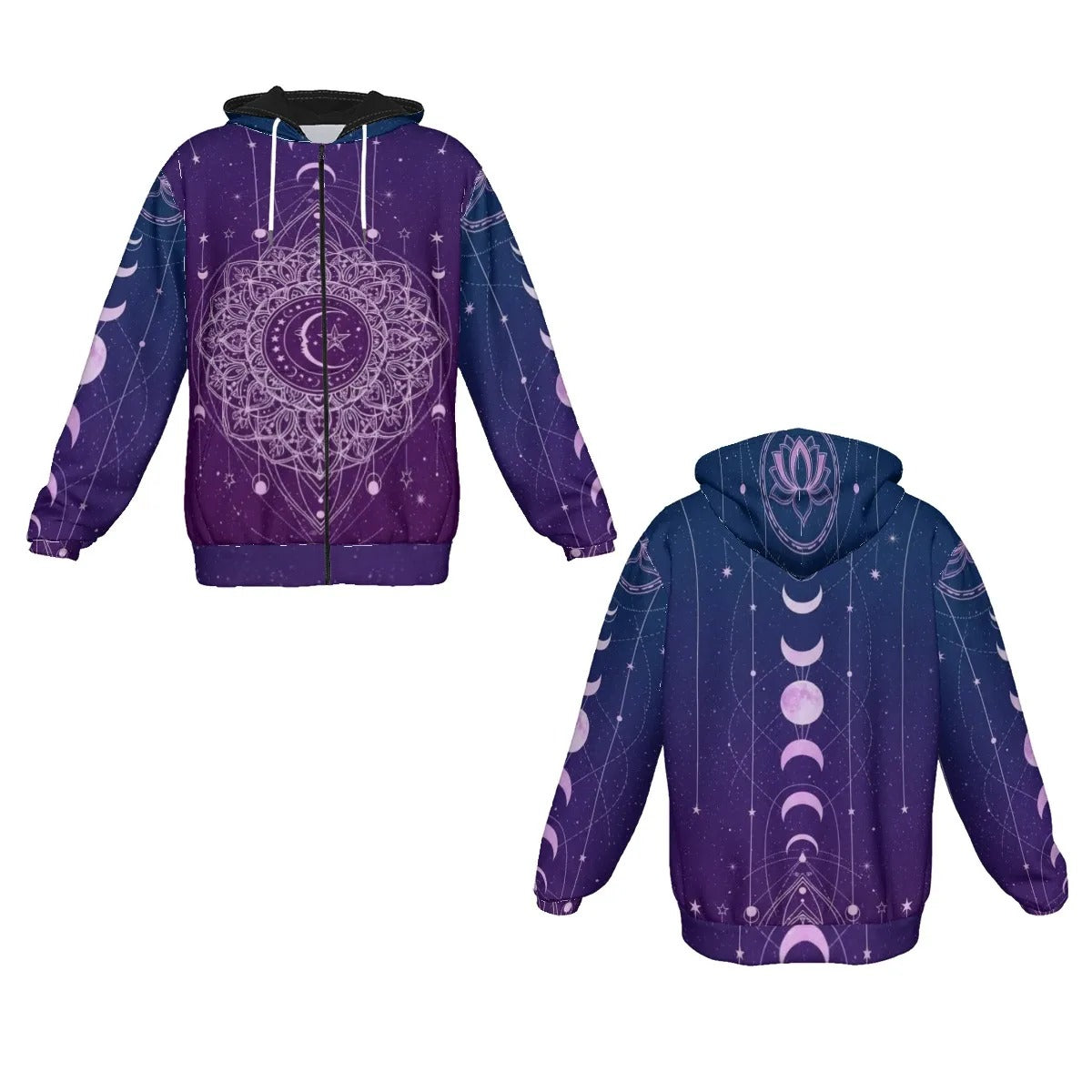 Mystic Lunar Mandala Zip Hoodie, Moon Phase Spiritual Jacket, Celestial Lotus Hooded Sweatshirt, Sacred Geometry Cosmic Zip-Up, Boho Mystic Style