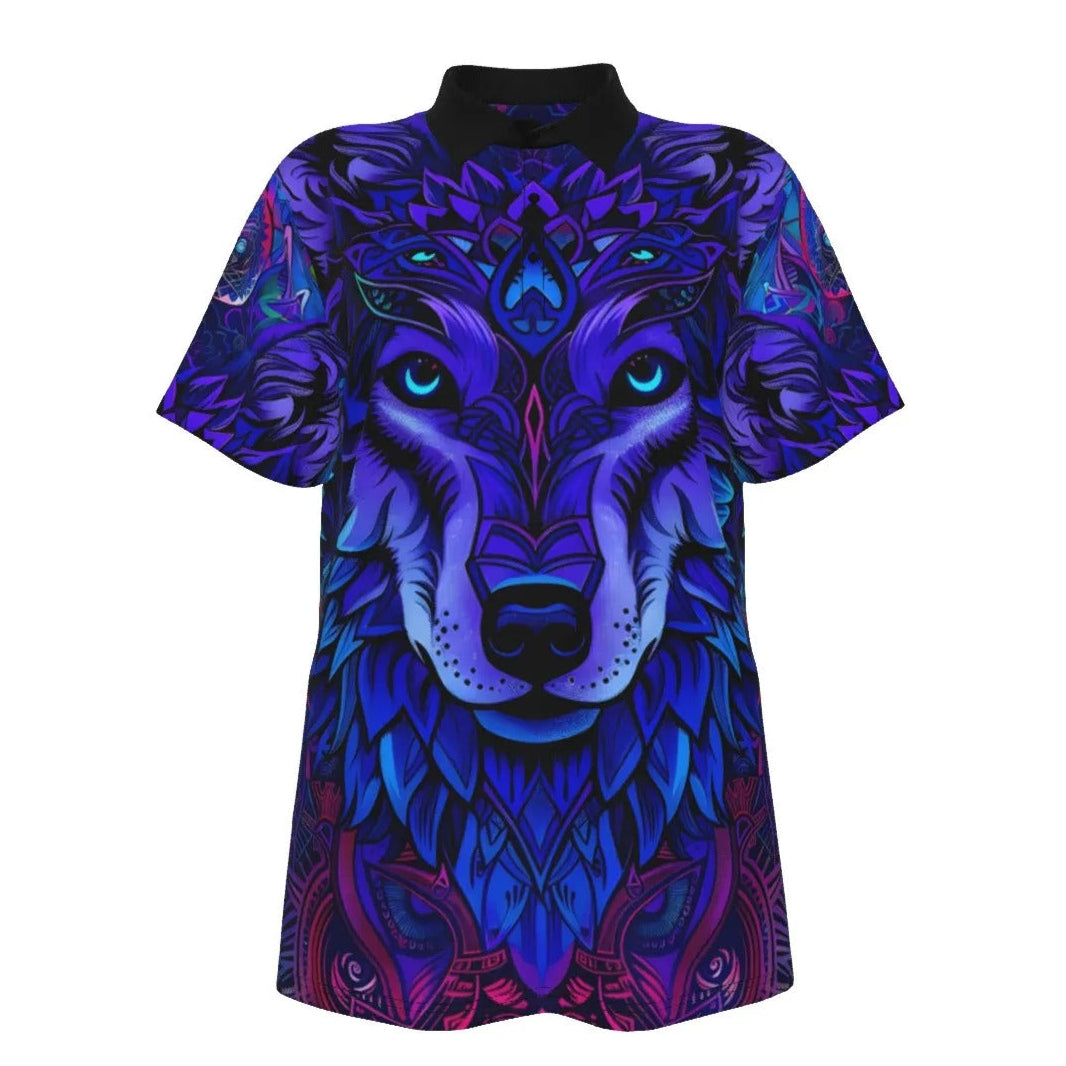 Women’s Wolf Mandala Polo Shirt, Tribal Spirit Animal Top with Blue Violet Geometric Design for Bold & Mystical Souls
