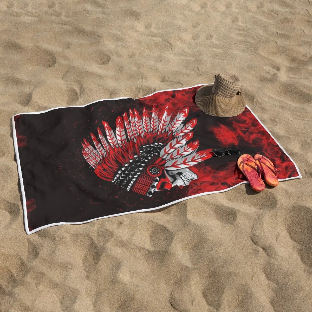 Native American Skull Beach Towel, Red Feather Headdress Towel, Tribal Gothic Bath Towel, Red Smoke Graphic, Warrior Biker Style