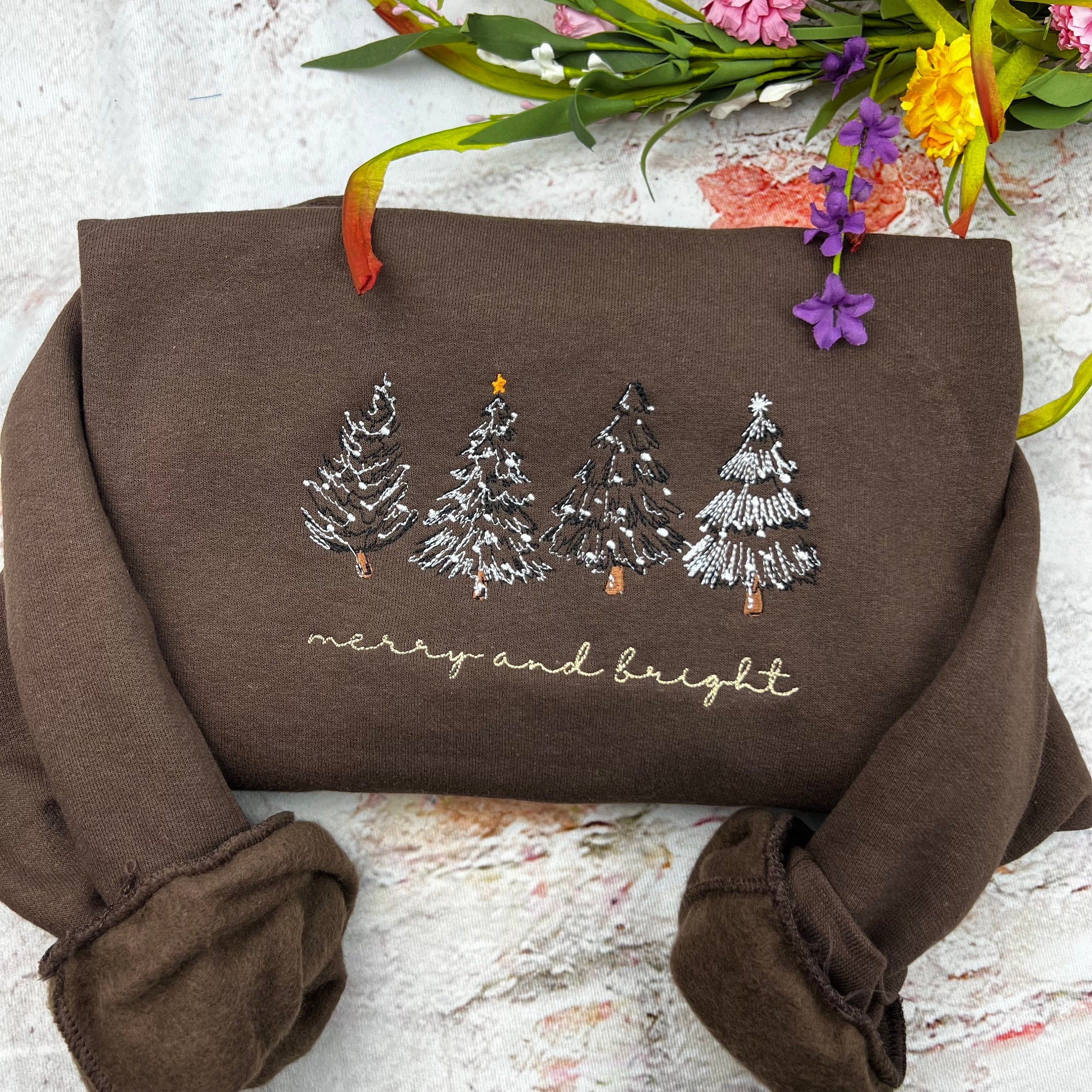 Merry and Bright Embroidered Sweatshirt, Minimal Christmas Tree Sweater, Cozy Holiday Crewneck, Winter Outfit, Xmas Gift EBAC59