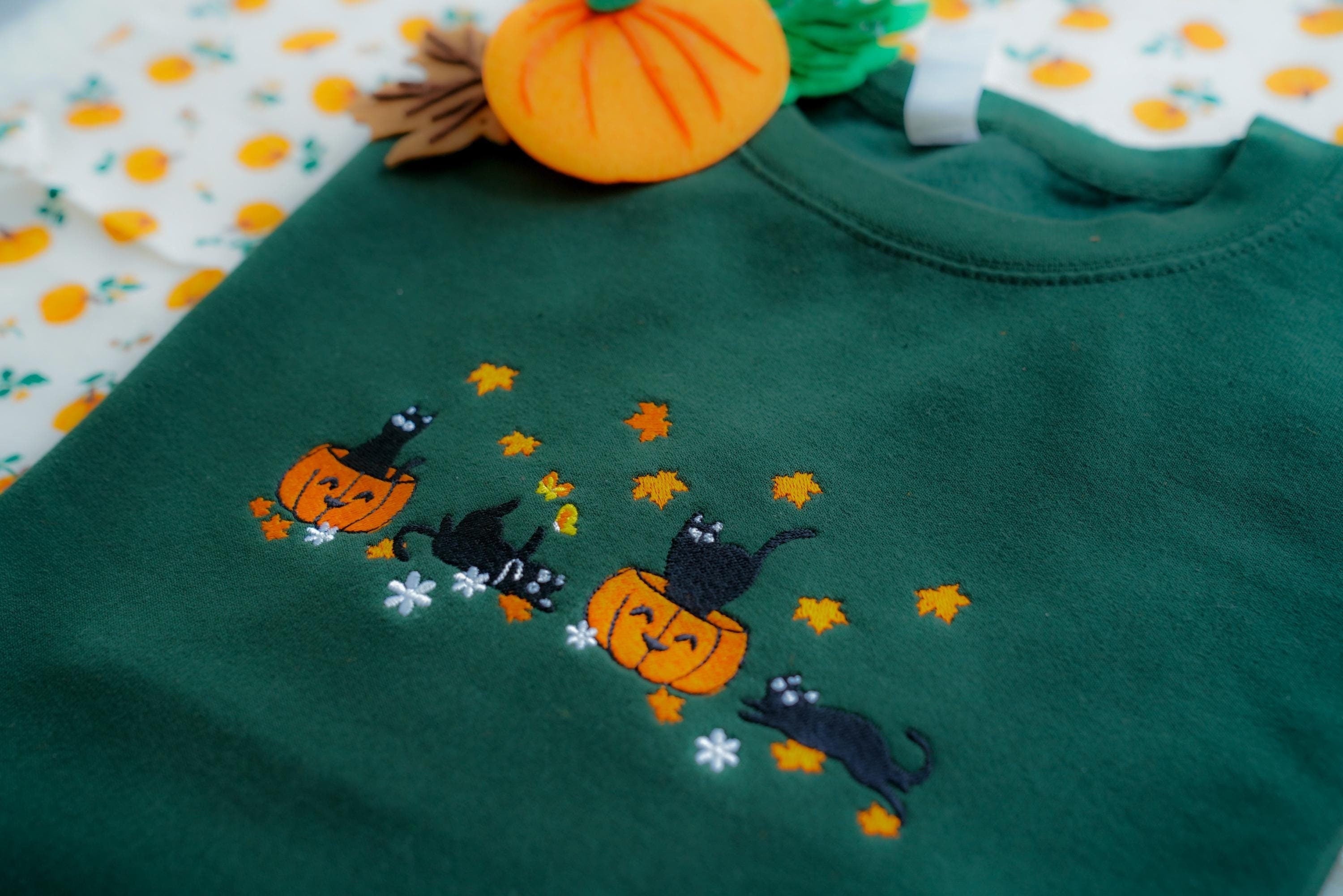 Halloween Black Cat Embroidery Sweatshirt, Pumpkin Fall Sweater, Halloween Crewneck, Cute Autumn Spooky Season, Halloween Gifts, Cat Lover Gift EBAC12