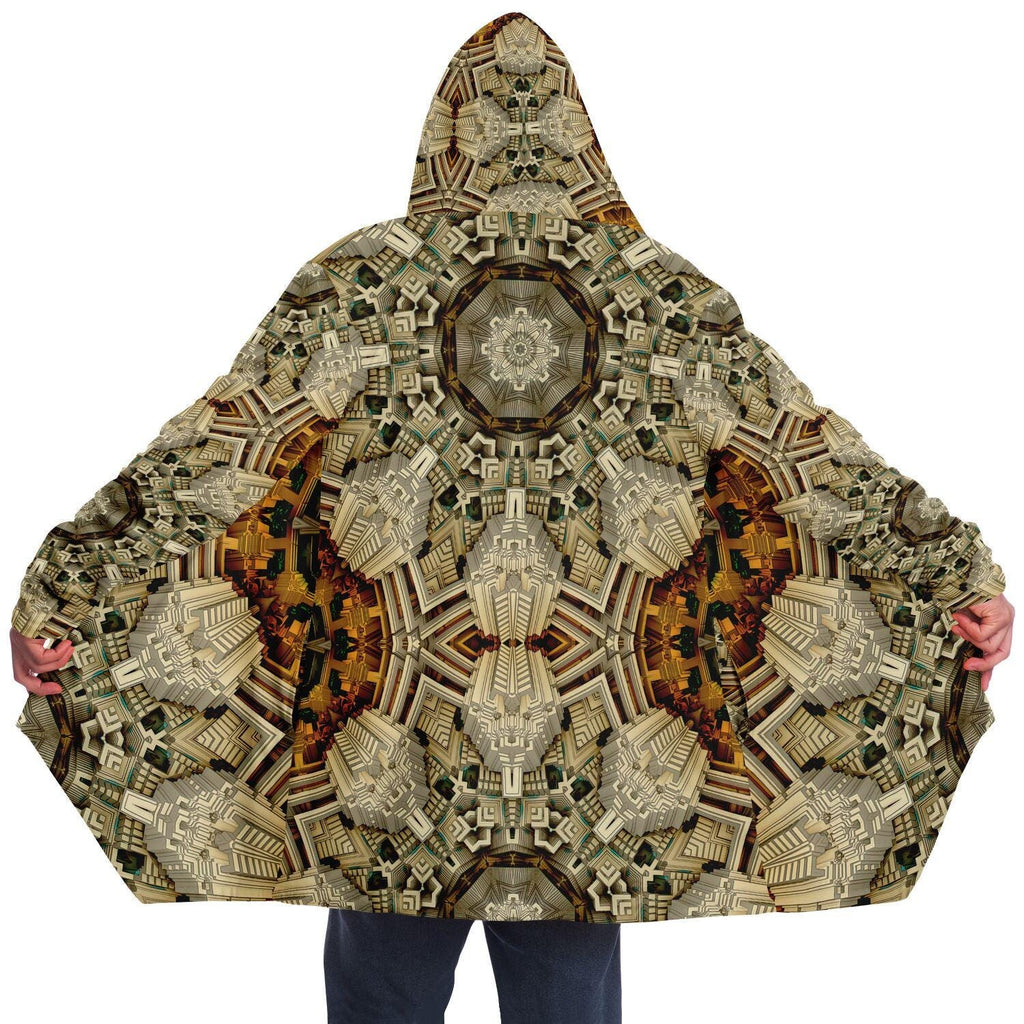 Mayan Mandala HOODED CLOAK, Fractal Cape, Neutral Tan Rave Jacket, Trippy Festival Coat, Unique Outerwear for Festivals, Fractal Art Robe
