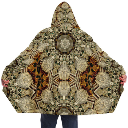 Mayan Mandala HOODED CLOAK, Fractal Cape, Neutral Tan Rave Jacket, Trippy Festival Coat, Unique Outerwear for Festivals, Fractal Art Robe