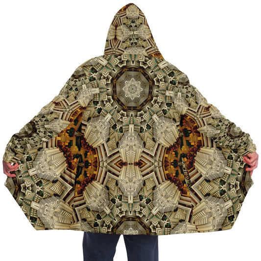 Mayan Mandala HOODED CLOAK, Fractal Cape, Neutral Tan Rave Jacket, Trippy Festival Coat, Unique Outerwear for Festivals, Fractal Art Robe