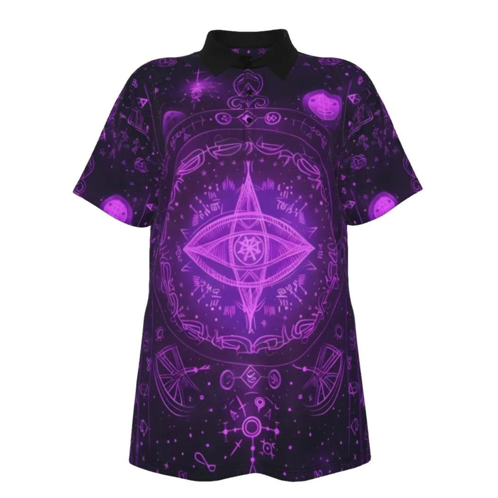 Women’s Mystical Fantasy Polo Shirt, Purple Enchanted Sigil Top with Magic Symbols & Fantasy Witchcore Aesthetic