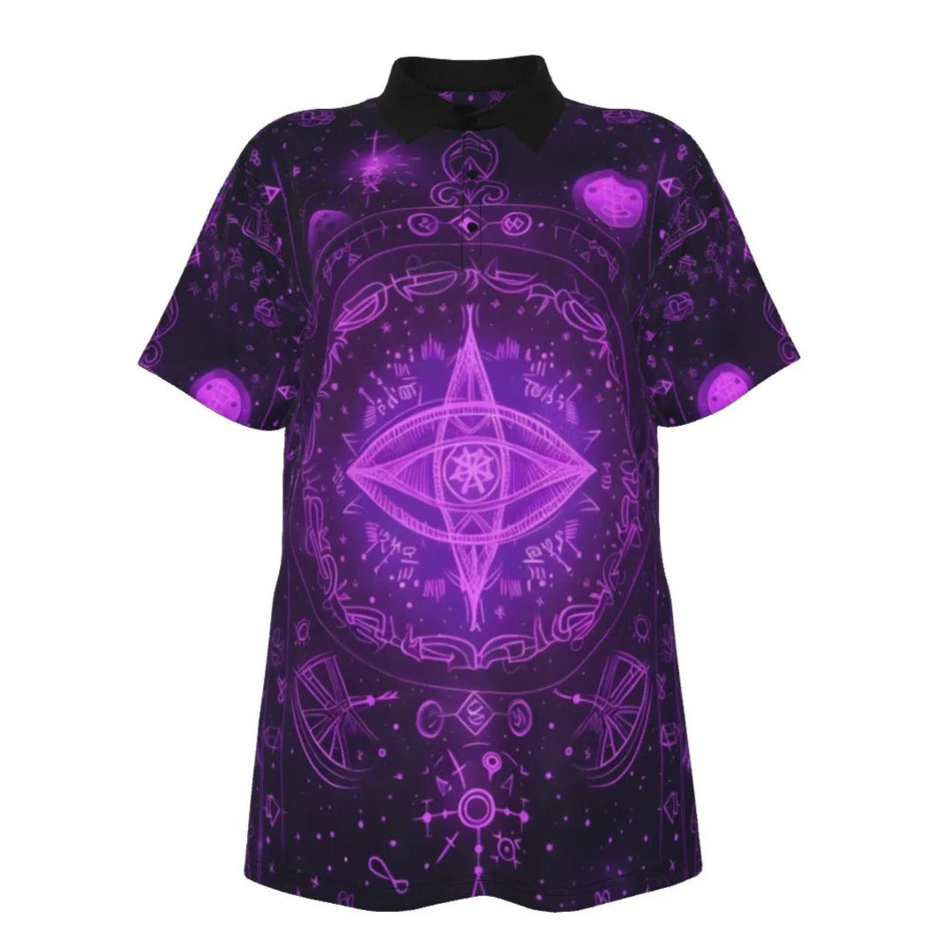 Women’s Mystical Fantasy Polo Shirt, Purple Enchanted Sigil Top with Magic Symbols & Fantasy Witchcore Aesthetic
