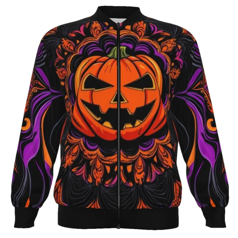 Pumpkin Mandala Magic Bomber Jacket, Halloween Costume Ideas, Halloween Jack-o’-Lantern Gothic Trench Coat, Spooky Mandala Art Streetwear, Fall Fashion