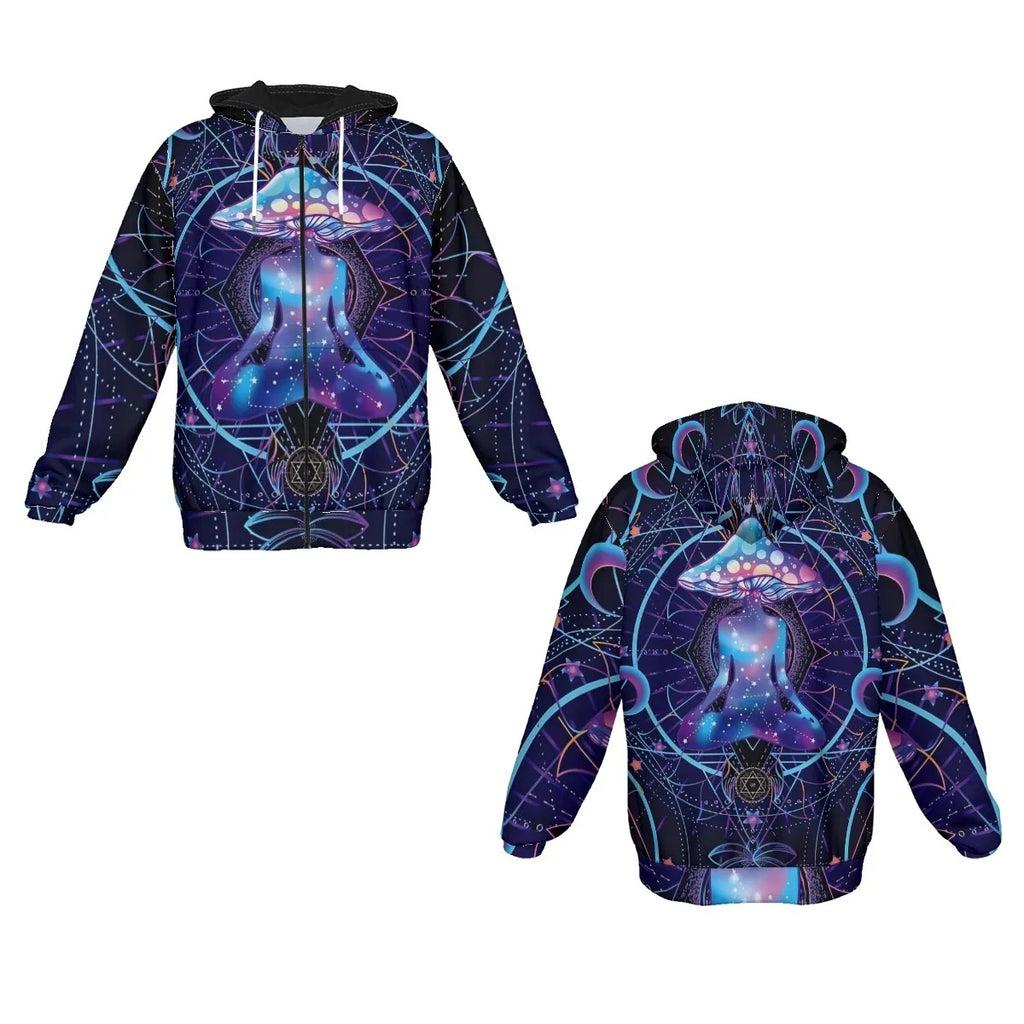Mystic Mushroom Awakening Zip Hoodie, Psychedelic Spiritual Jacket, Cosmic Mushroom Hooded Sweatshirt, Visionary Art Festival Wear, Boho Mystic Style