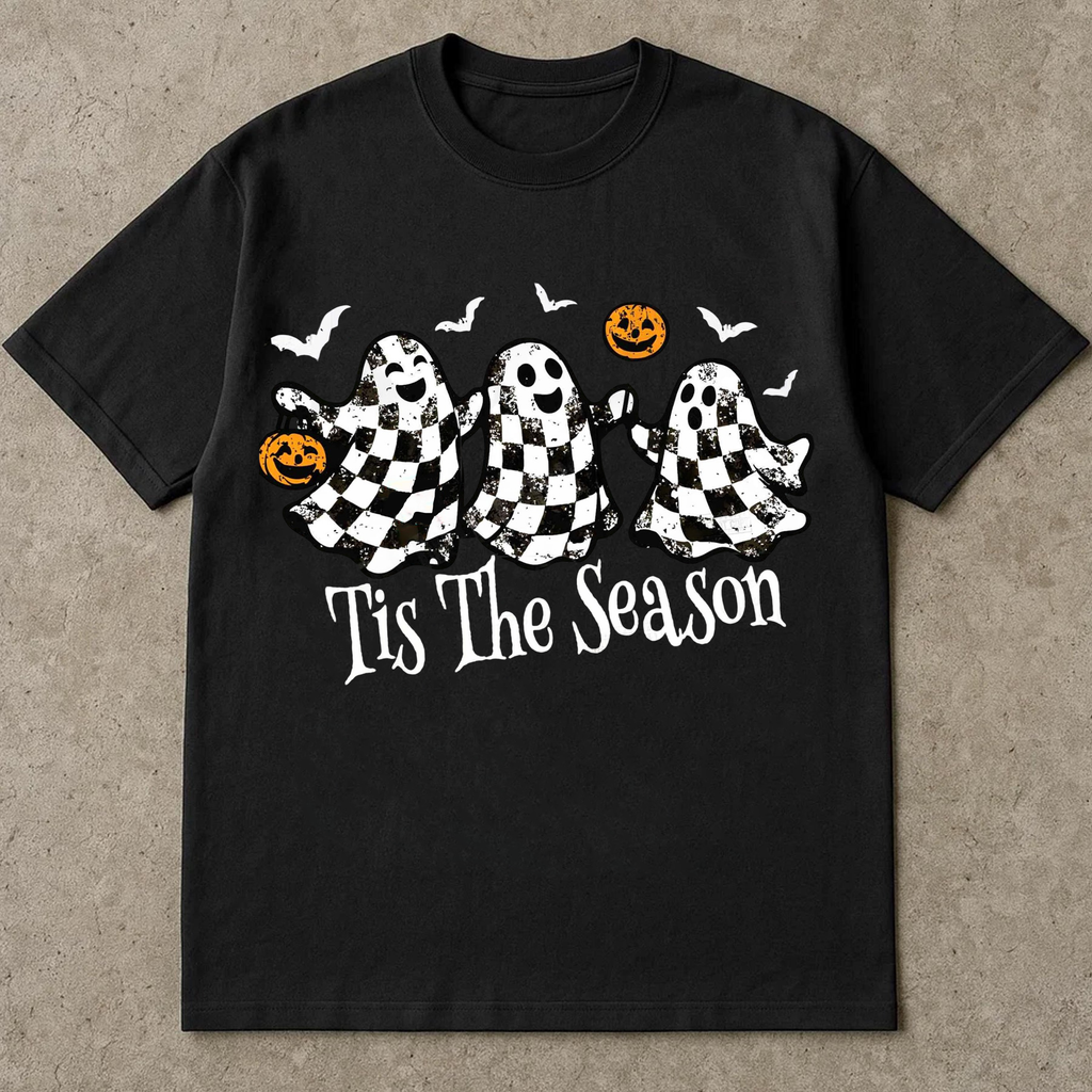 Cute Halloween Ghost T-Shirt, Funny Spooky Season Tee with Pumpkins and Bats, Fall Aesthetic Shirt for Women