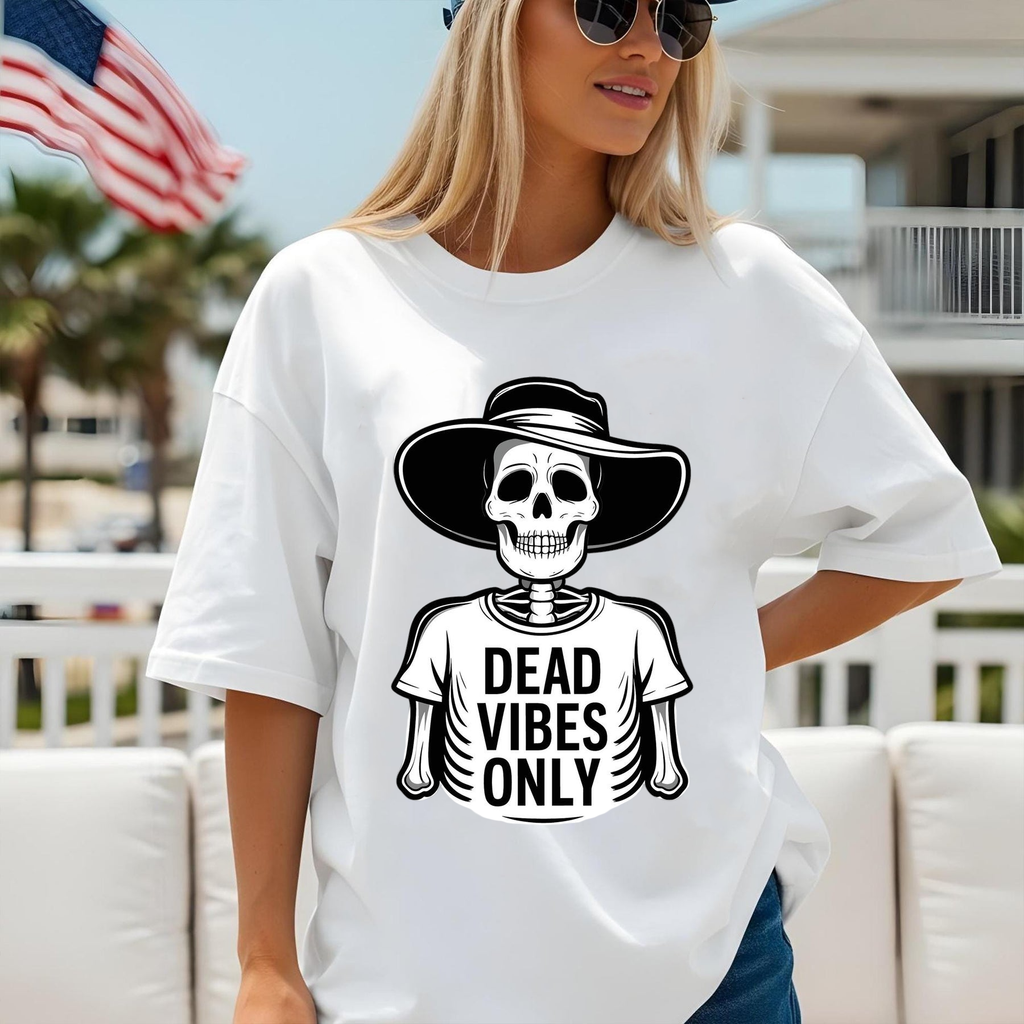 Dead Vibes Only Skeleton Shirt – Funny Goth Aesthetic Tee with Hat Skeleton Design, Vintage Skeleton Art – “Dead Vibes Only” Graphic for Shirts, Posters & Stickers, Halloween Shirt