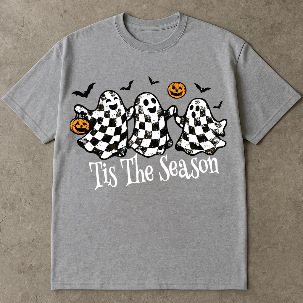 Cute Halloween Ghost T-Shirt, Funny Spooky Season Tee with Pumpkins and Bats, Fall Aesthetic Shirt for Women