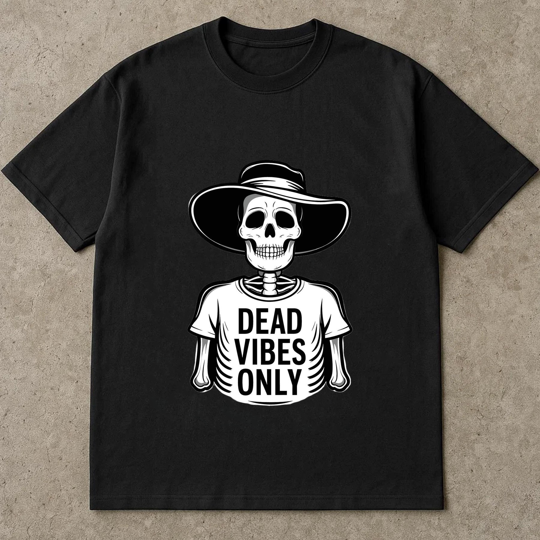 Dead Vibes Only Skeleton Shirt – Funny Goth Aesthetic Tee with Hat Skeleton Design, Vintage Skeleton Art – “Dead Vibes Only” Graphic for Shirts, Posters & Stickers, Halloween Shirt