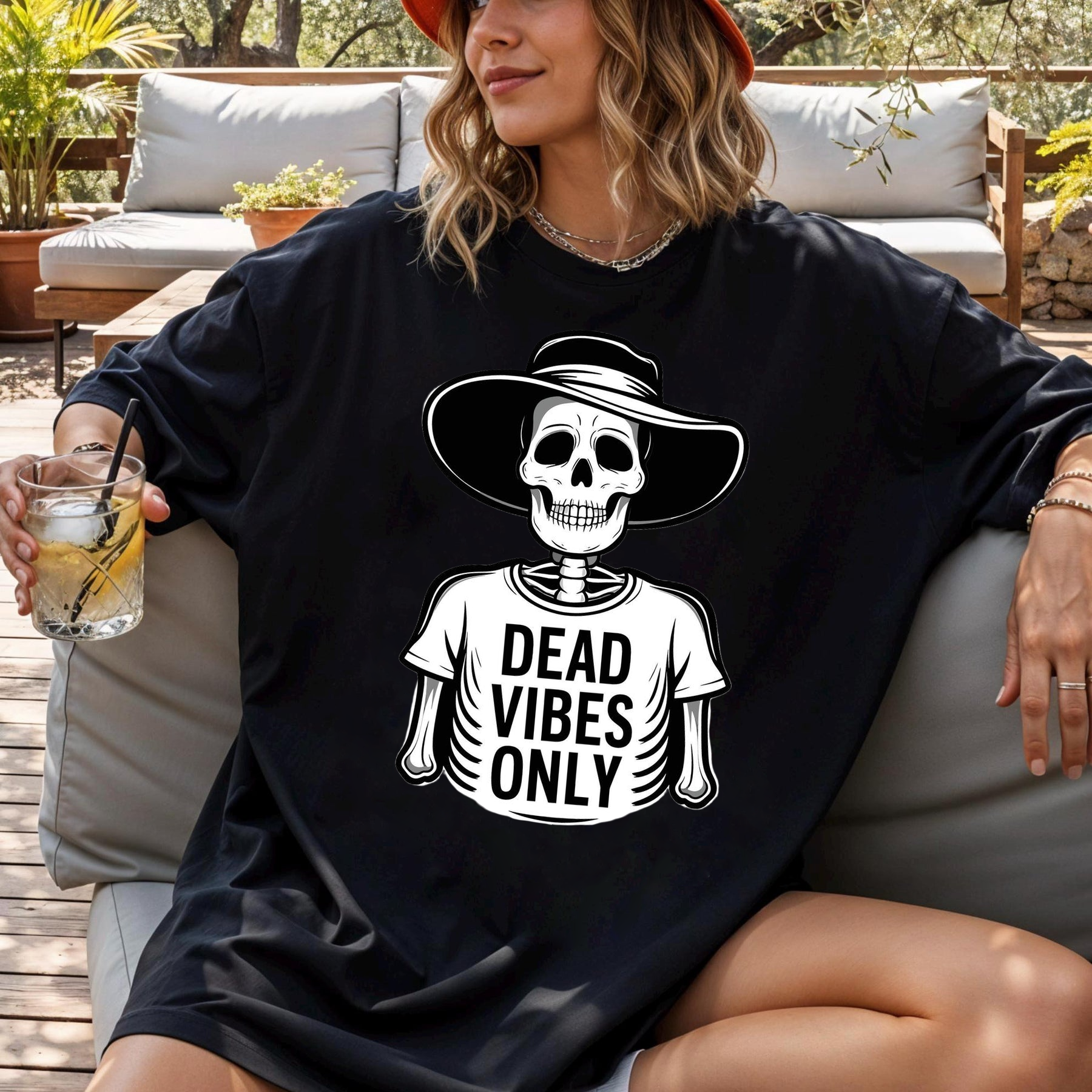 Dead Vibes Only Skeleton Shirt – Funny Goth Aesthetic Tee with Hat Skeleton Design, Vintage Skeleton Art – “Dead Vibes Only” Graphic for Shirts, Posters & Stickers, Halloween Shirt