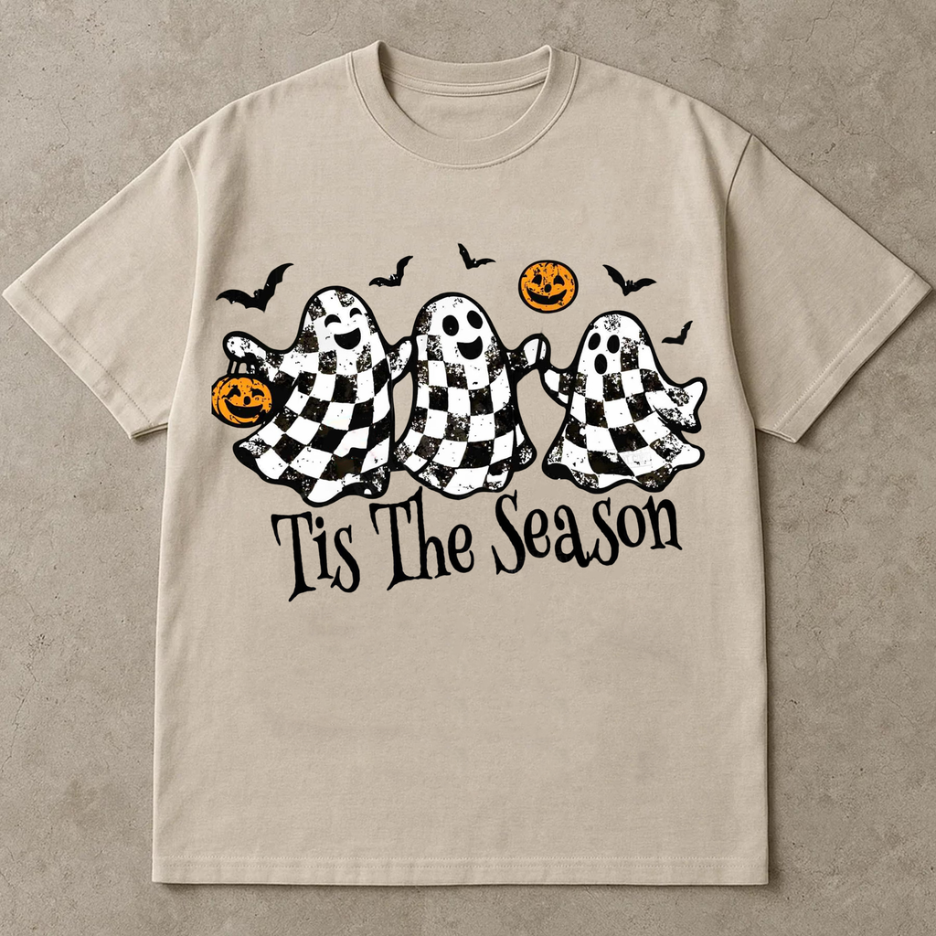 Cute Halloween Ghost T-Shirt, Funny Spooky Season Tee with Pumpkins and Bats, Fall Aesthetic Shirt for Women