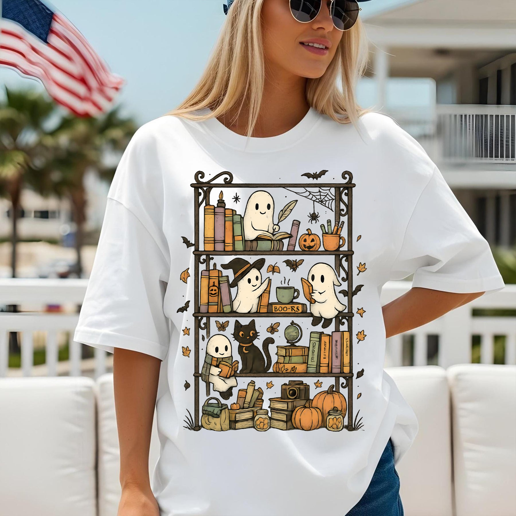 Cute Halloween Ghost Shirt, Fall Bookish T-Shirt, Spooky Season Tee, Ghosts Reading Books, Autumn Witchy Shirt, Cozy Halloween Aesthetic