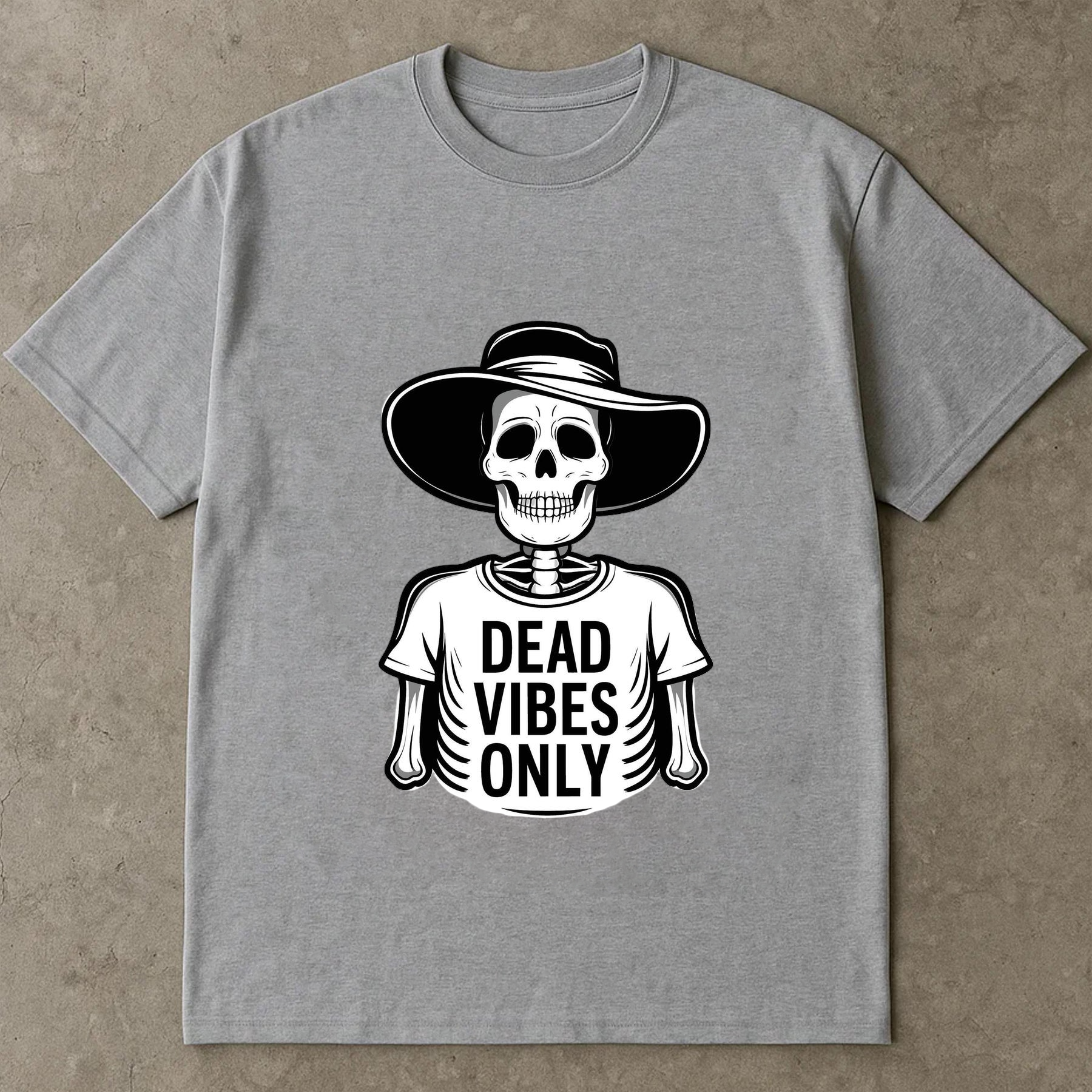 Dead Vibes Only Skeleton Shirt – Funny Goth Aesthetic Tee with Hat Skeleton Design, Vintage Skeleton Art – “Dead Vibes Only” Graphic for Shirts, Posters & Stickers, Halloween Shirt