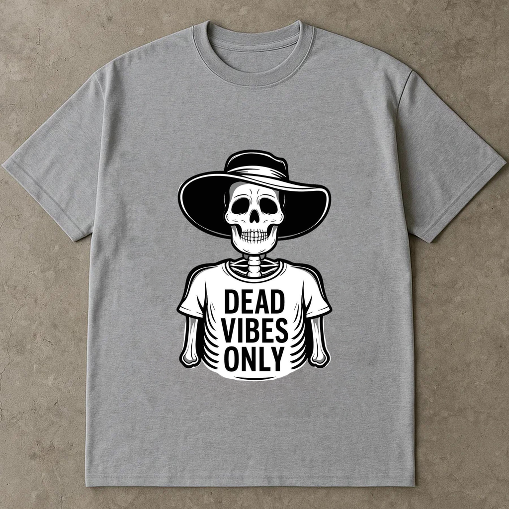 Dead Vibes Only Skeleton Shirt – Funny Goth Aesthetic Tee with Hat Skeleton Design, Vintage Skeleton Art – “Dead Vibes Only” Graphic for Shirts, Posters & Stickers, Halloween Shirt