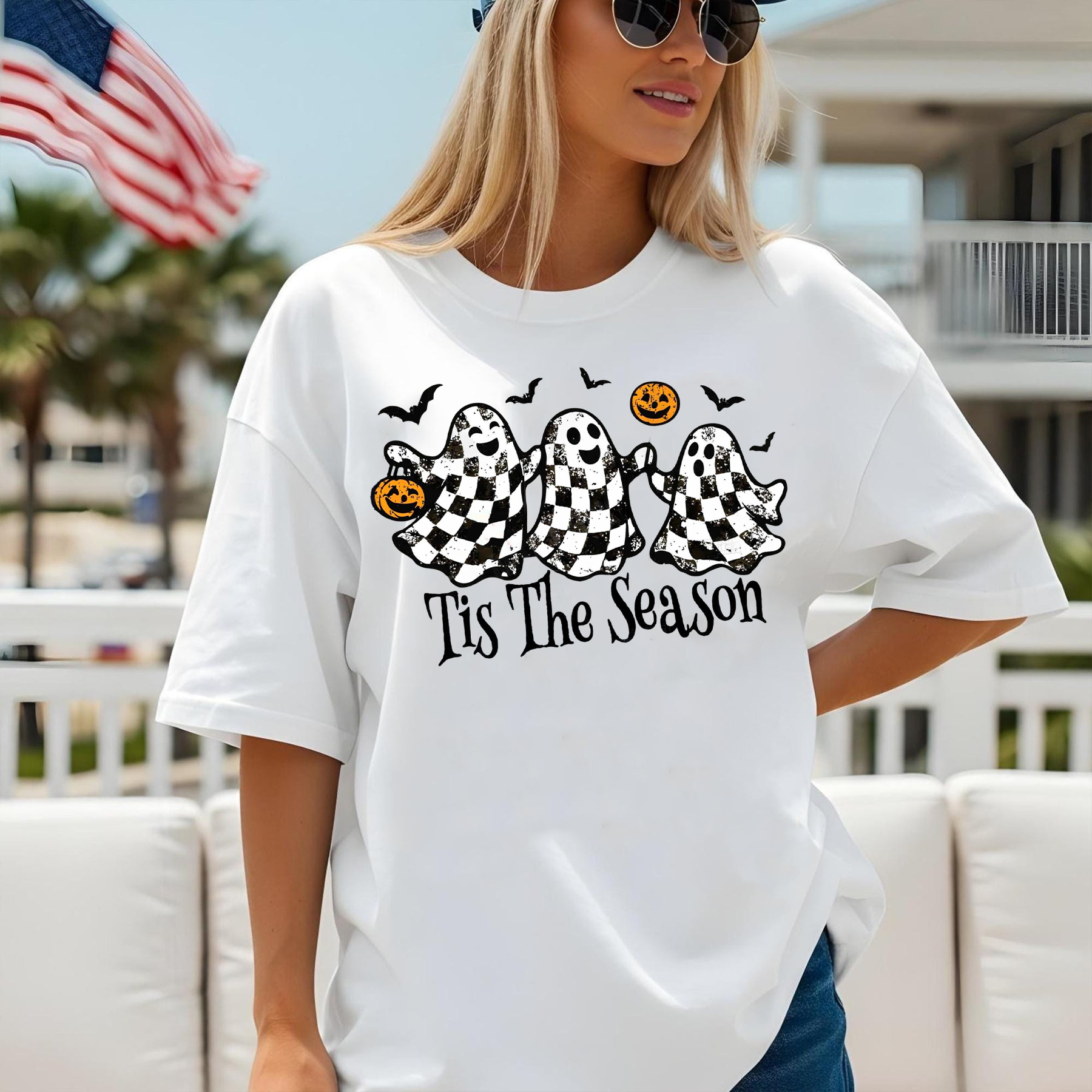 Cute Halloween Ghost T-Shirt, Funny Spooky Season Tee with Pumpkins and Bats, Fall Aesthetic Shirt for Women