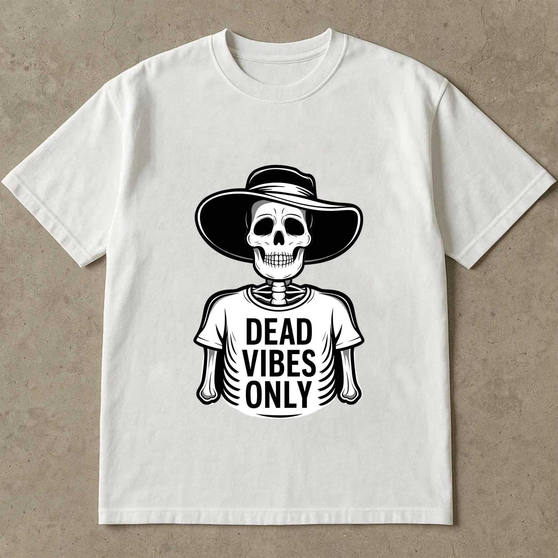 Dead Vibes Only Skeleton Shirt – Funny Goth Aesthetic Tee with Hat Skeleton Design, Vintage Skeleton Art – “Dead Vibes Only” Graphic for Shirts, Posters & Stickers, Halloween Shirt