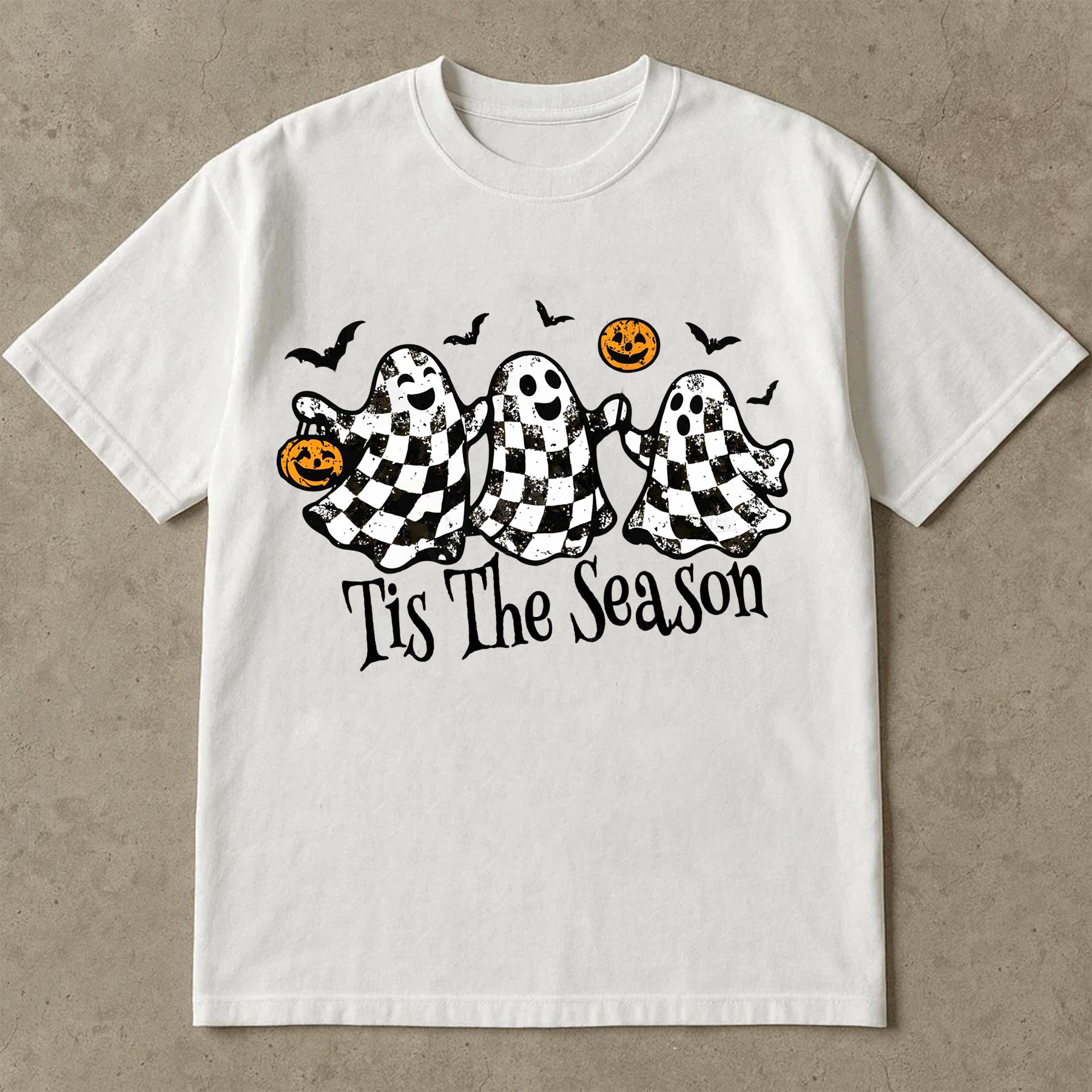 Cute Halloween Ghost T-Shirt, Funny Spooky Season Tee with Pumpkins and Bats, Fall Aesthetic Shirt for Women