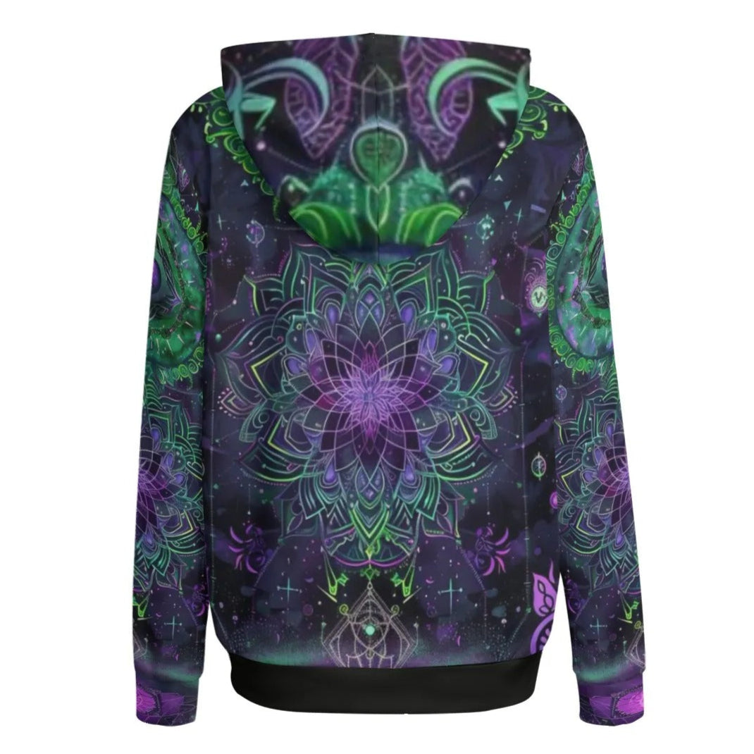 Mystic Aesthetic Women’s Hoodie, Psychedelic Spiritual Sweatshirt, Festival Boho Wear, Vibrant Healing Clothing, Cosmic Symbol Fashion