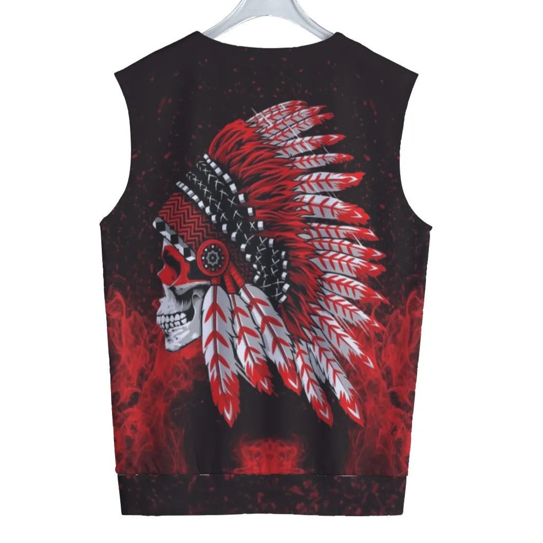 Native American Skull Tank Top, Red Feather Headdress Shirt, Tribal Gothic Sleeveless, Red Smoke Graphic Top, Warrior Biker Style