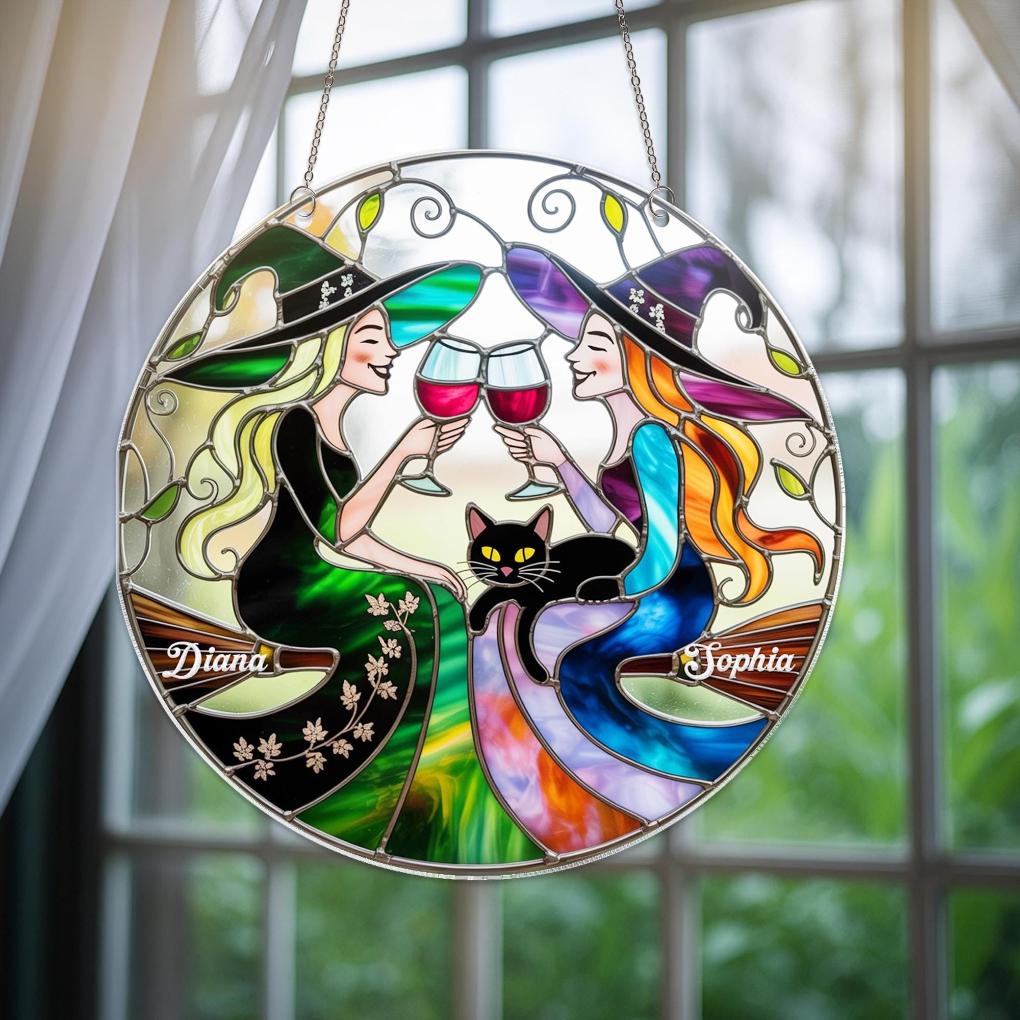 Best Friend Slay Witch Acrylic Window Hanging, Personalized Halloween Stained Glass Suncatcher With Wine Glasses & Cats, Custom Halloween Witchy Decor