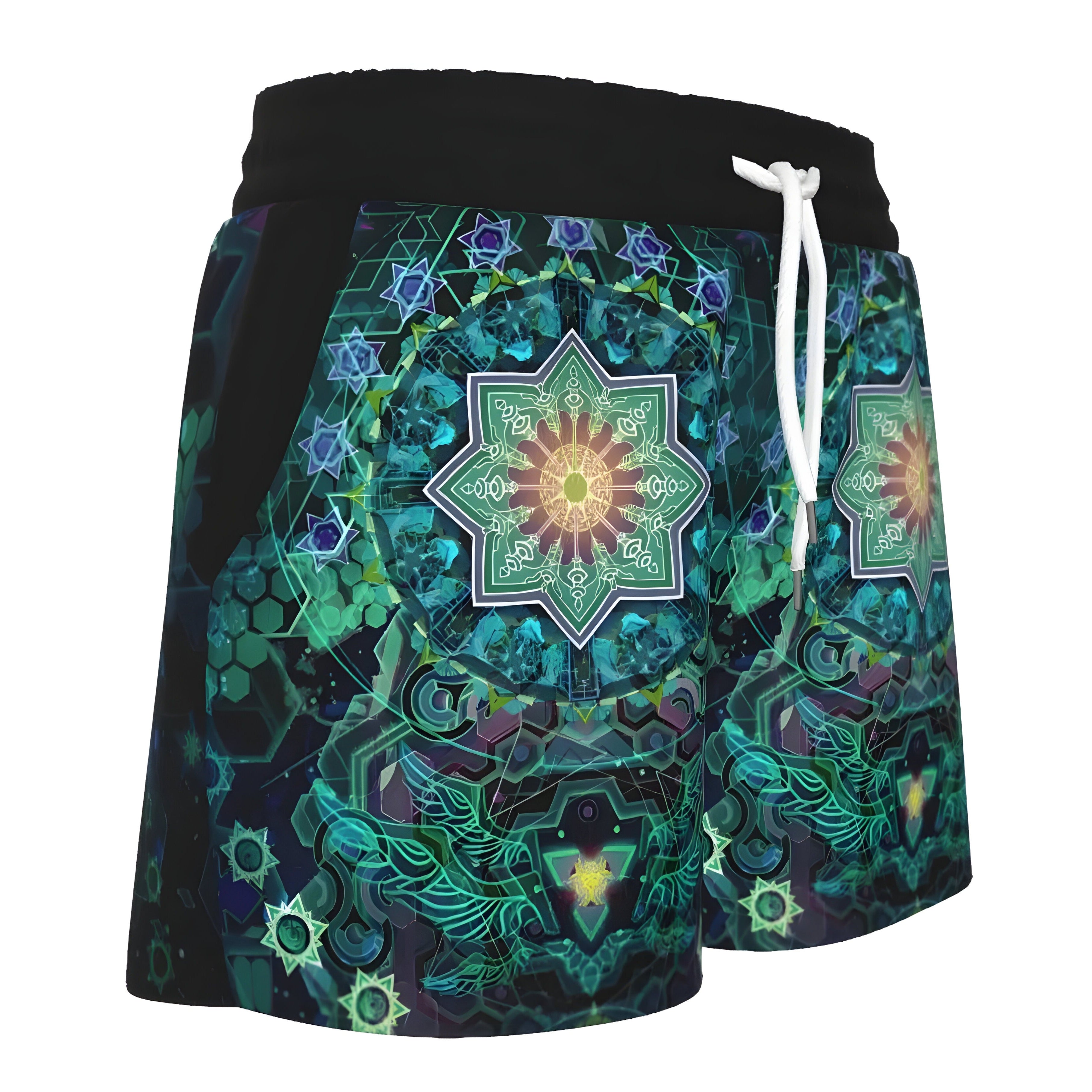Women’s Yantric Geometry Shorts, Sacred Mandala Spiritual Energy Pattern with Vibrant Chakra Design for Yoga & Meditation, Spiritual Festival Wear