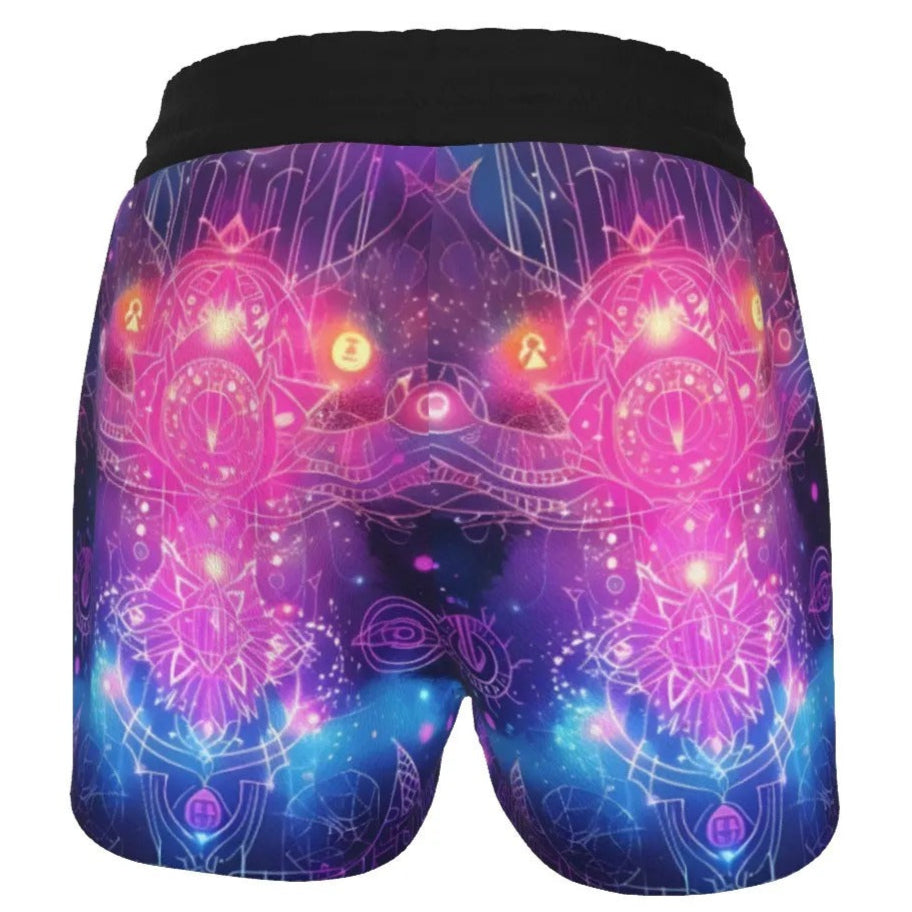 Women’s Cosmic Mysticism Shorts, Spiritual Mandala Design with Purple Galaxy, Sacred Symbols & Celestial Energy for Yoga & Meditation, Spiritual Festival Wear