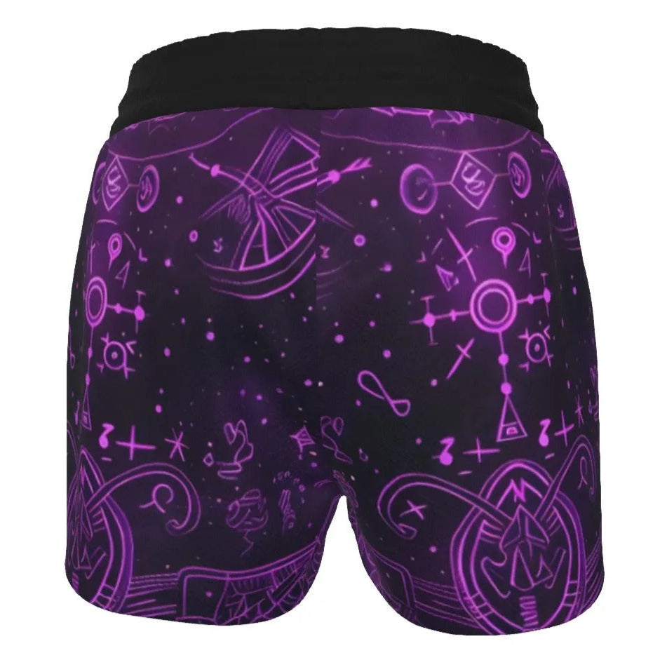 Women’s Mystical Fantasy Shorts, Purple Magic Eye Design with Celestial Symbols & Fantasy Energy for Yoga & Meditation Wear, Spiritual Festival Wear