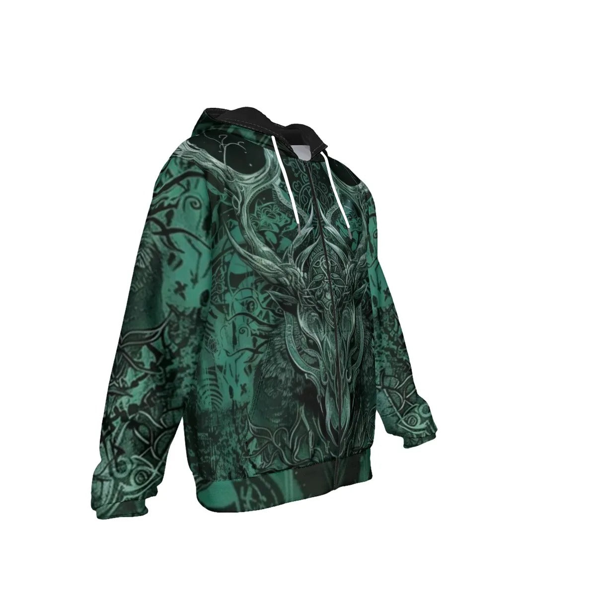Viking Zip Hoodie with Antler Design, Norse Mythology Inspired Hooded Sweatshirt, Tribal Graphic Winter Wear, Medieval Fantasy Clothing