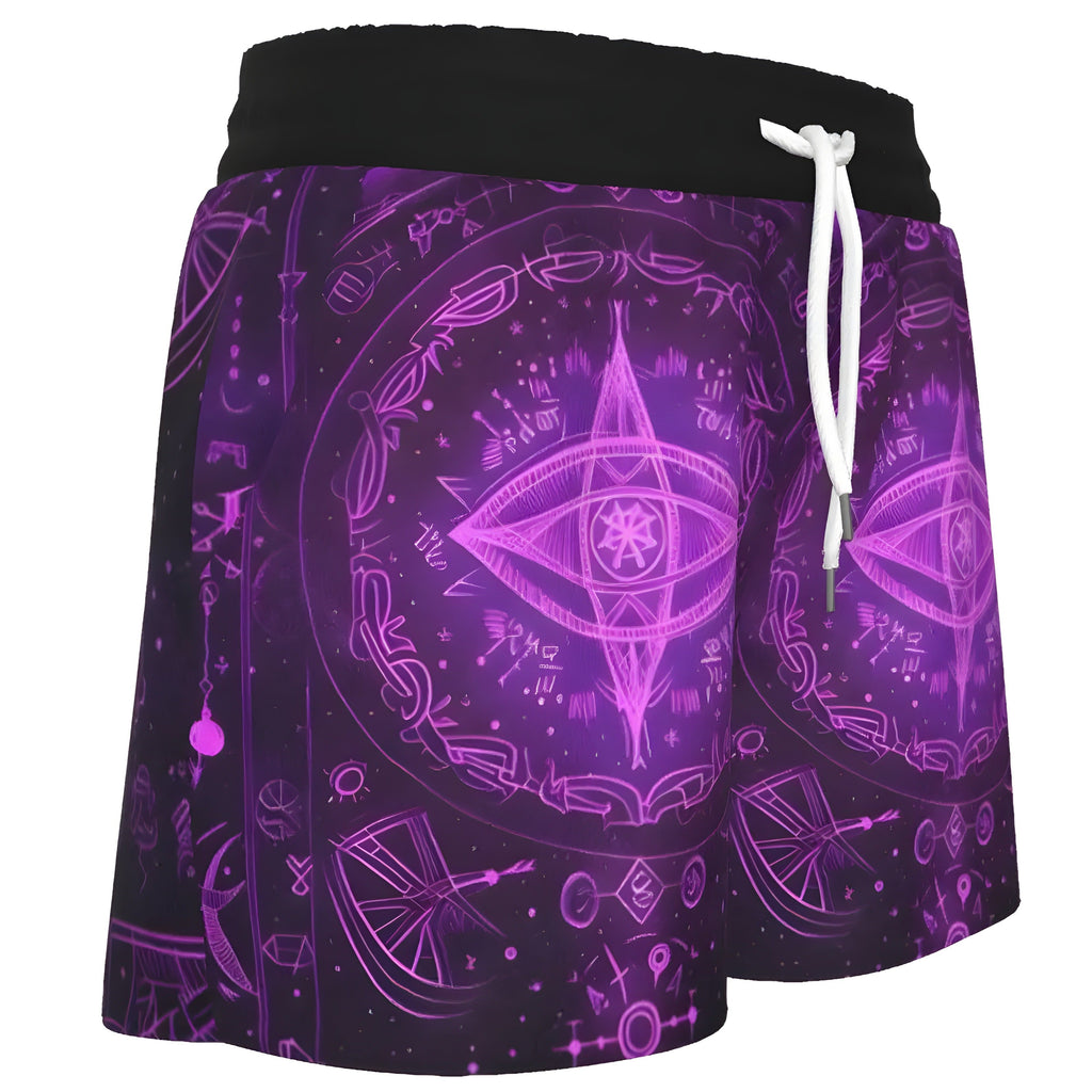 Women’s Mystical Fantasy Shorts, Purple Magic Eye Design with Celestial Symbols & Fantasy Energy for Yoga & Meditation Wear, Spiritual Festival Wear