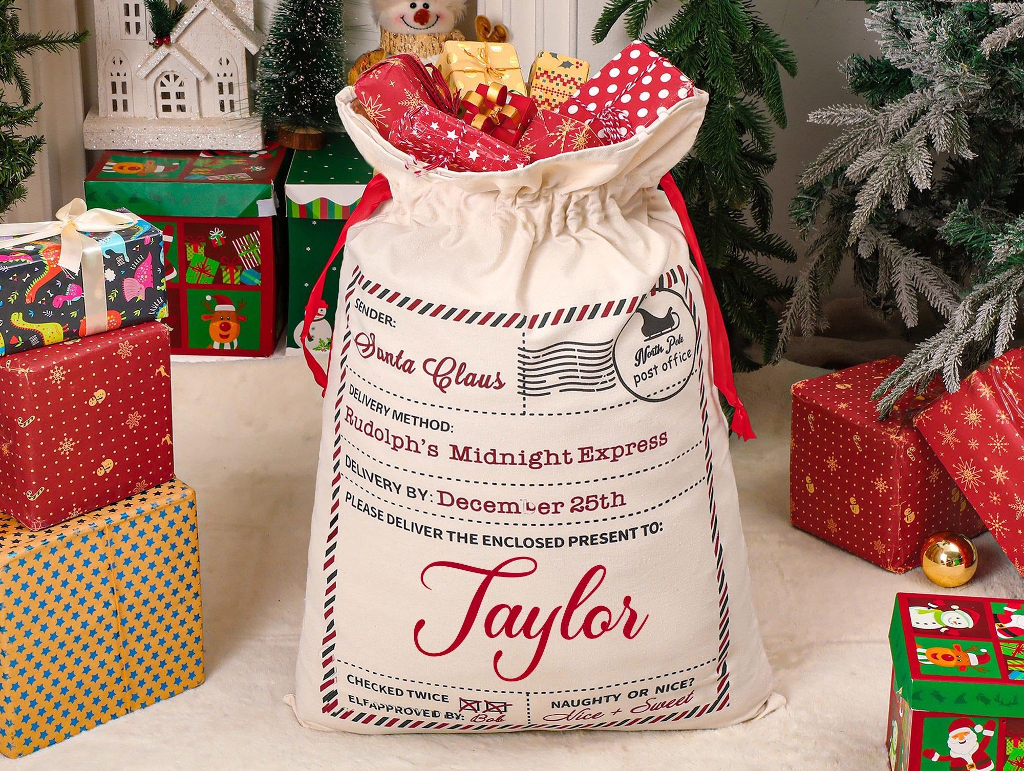 Personalized Santa Sack, Family Christmas Sack with Name, 2025 Christmas Gift Bag, Christmas Gifts for kids, Large Santa Bag, Holiday Decor