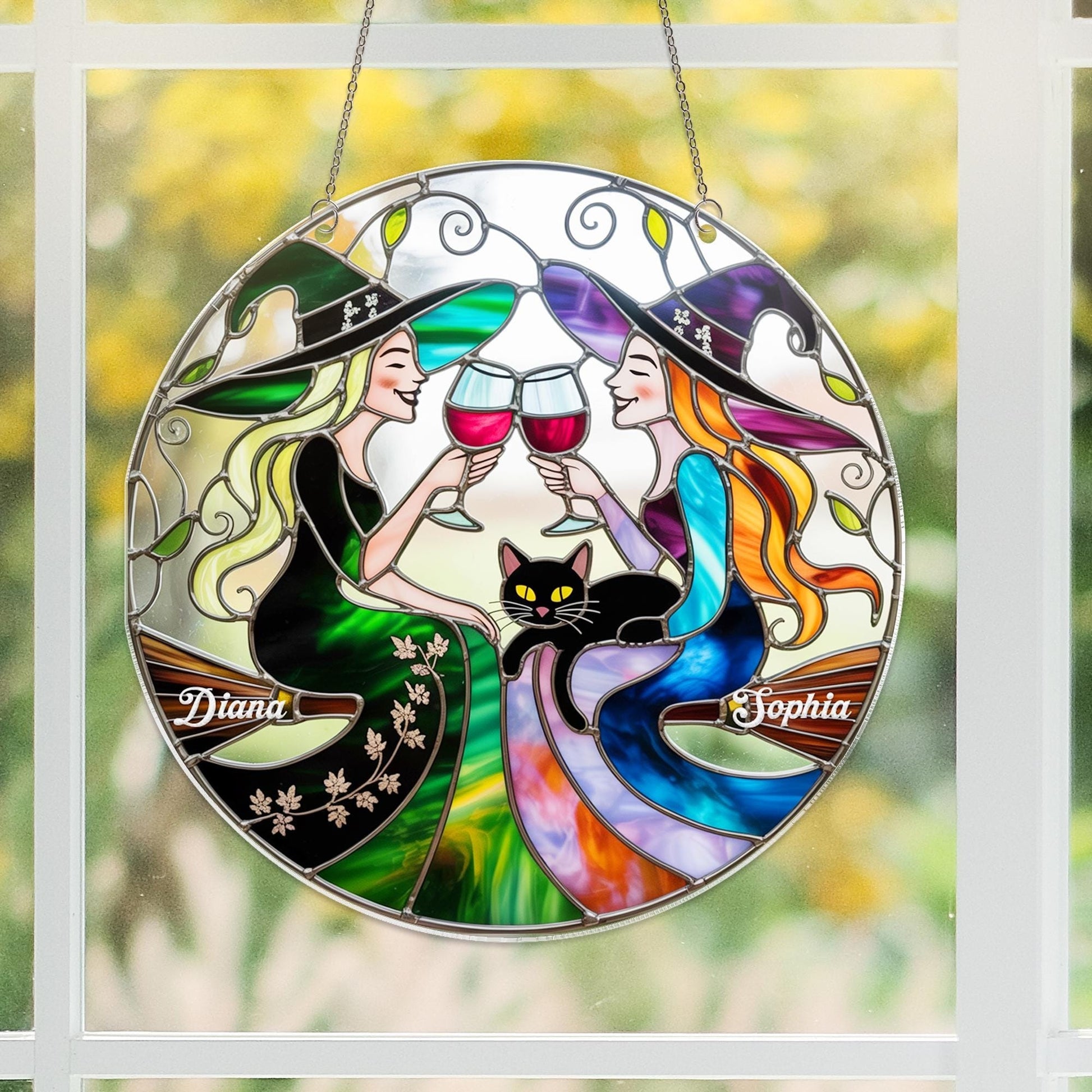 Best Friend Slay Witch Acrylic Window Hanging, Personalized Halloween Stained Glass Suncatcher With Wine Glasses & Cats, Custom Halloween Witchy Decor