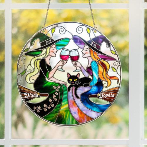 Best Friend Slay Witch Acrylic Window Hanging, Personalized Halloween Stained Glass Suncatcher With Wine Glasses & Cats, Custom Halloween Witchy Decor