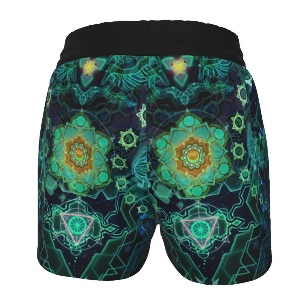 Women’s Yantric Geometry Shorts, Sacred Mandala Spiritual Energy Pattern with Vibrant Chakra Design for Yoga & Meditation, Spiritual Festival Wear