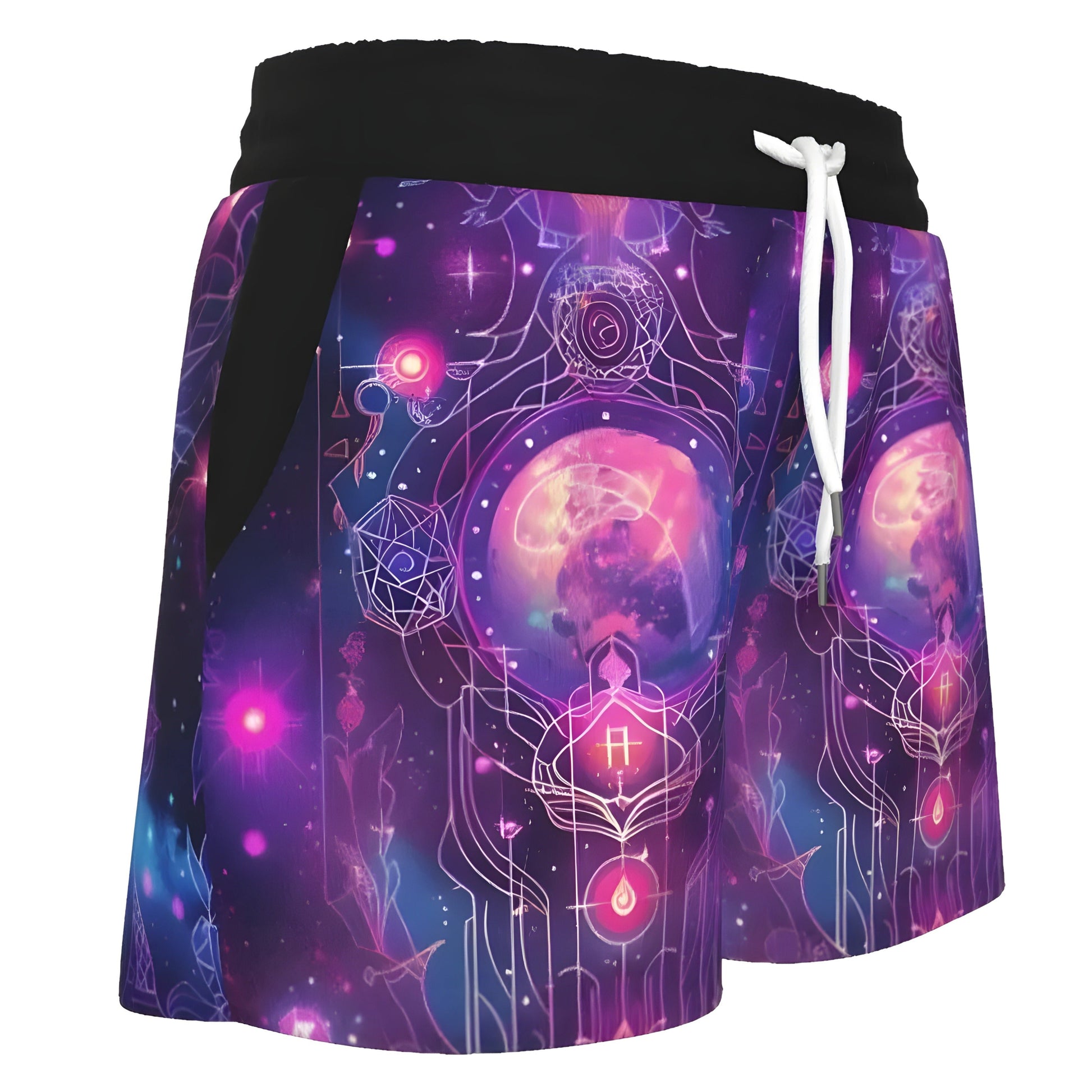 Women’s Cosmic Mysticism Shorts, Spiritual Mandala Design with Purple Galaxy, Sacred Symbols & Celestial Energy for Yoga & Meditation, Spiritual Festival Wear