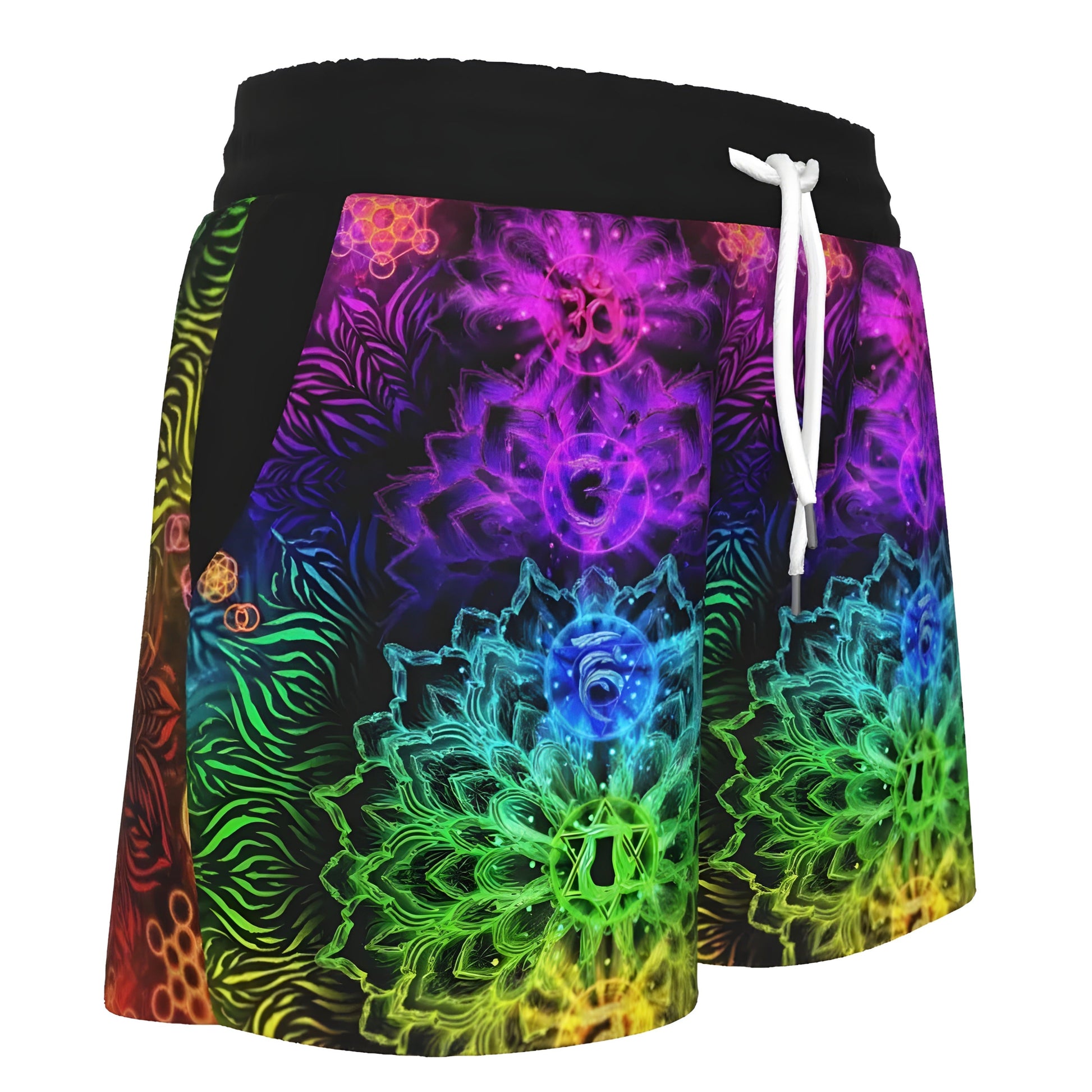 Women’s Sacred Chakras Shorts, Rainbow Mandala Energy Design with Spiritual Healing Symbols for Yoga & Meditation Wear, Spiritual Festival Wear