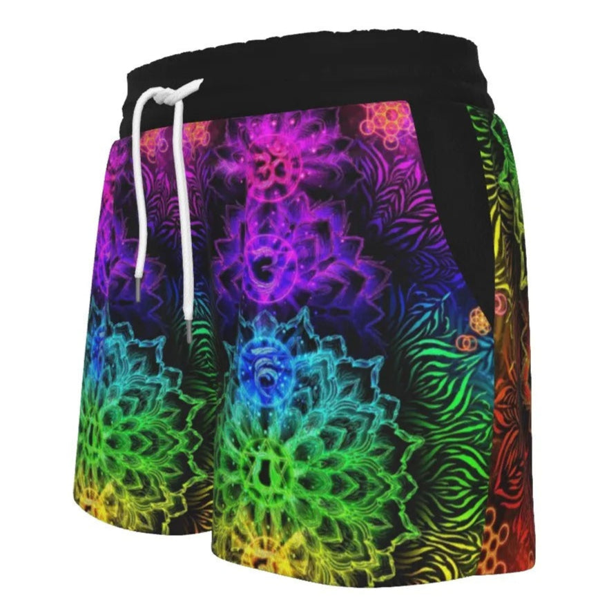 Women’s Sacred Chakras Shorts, Rainbow Mandala Energy Design with Spiritual Healing Symbols for Yoga & Meditation Wear, Spiritual Festival Wear